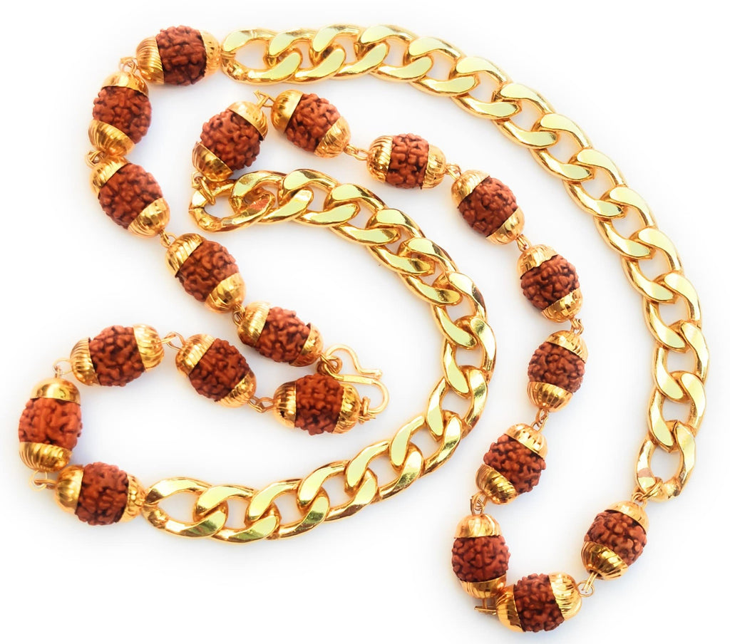 Apnisanskriti Designer Rudraksha Mala with Golden Chain (10 mm, 20 Beads, 24 Inch, Long Length) - Natural Rudraksh Beads - Pack of 1