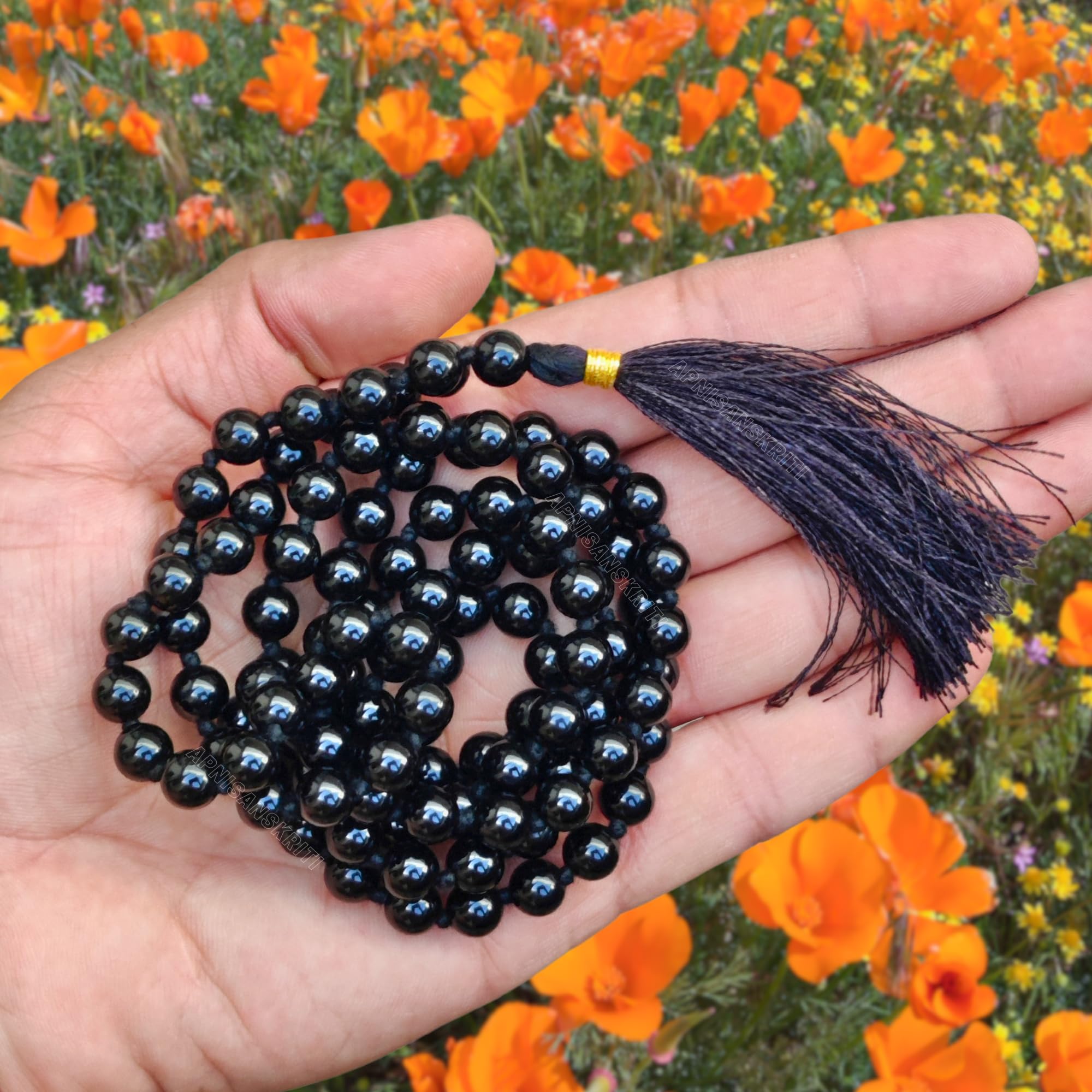 Apnisanskriti 8mm Black Obsidian Mala - Protection and Grounding in Spiritual Practice (Pack of 1)