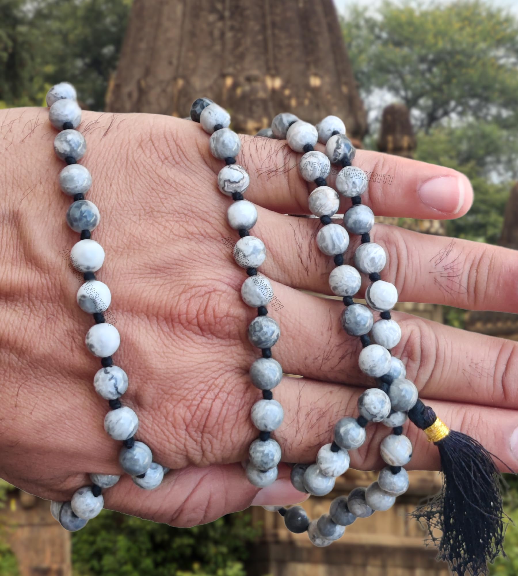 Apnisanskriti 8mm Map Stone Mala - Grounding Beads for Stability and Spiritual Insight (Pack of 1)