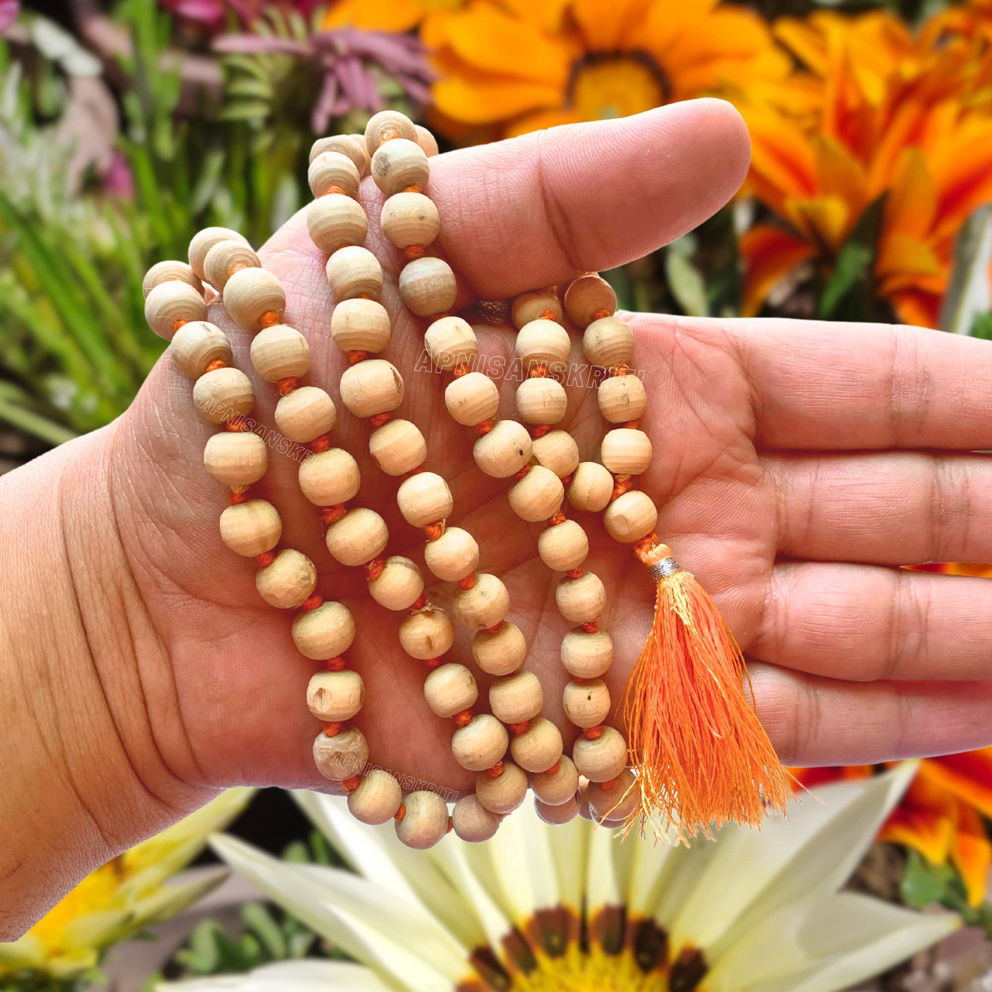 Apnisanskriti Tulsi Mala (AAA Quality, 8mm, 108 beads) for Jaap - Off White color - Natural Tulsi Beads- Pack of 1