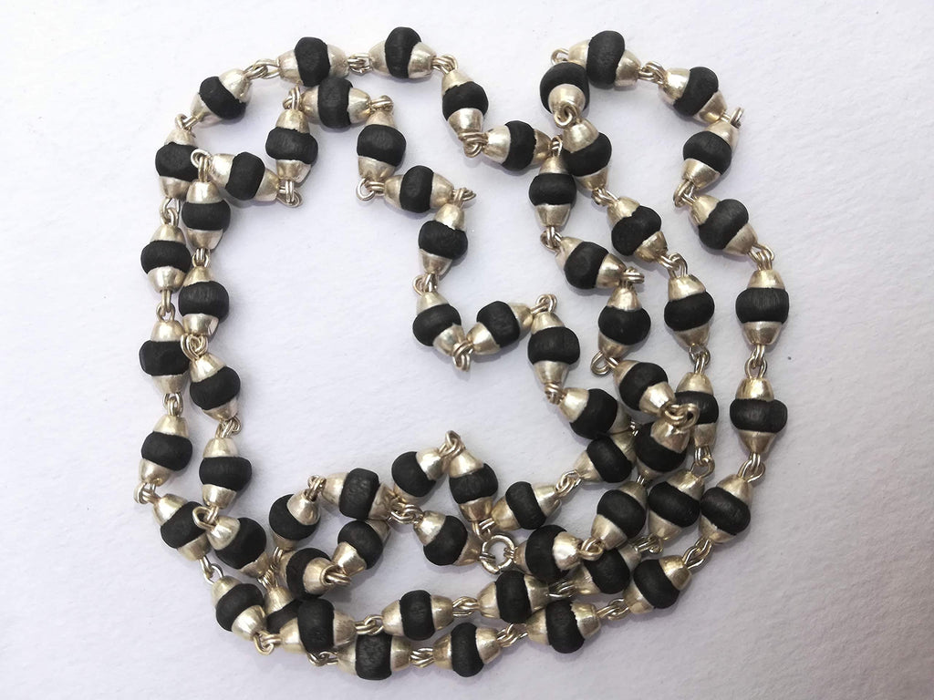 Apnisanskriti Black & White Tulsi Mala in Silver Designer Caps - Special Edition Big Size - Natural White Tulsi Beads - Pure Silver