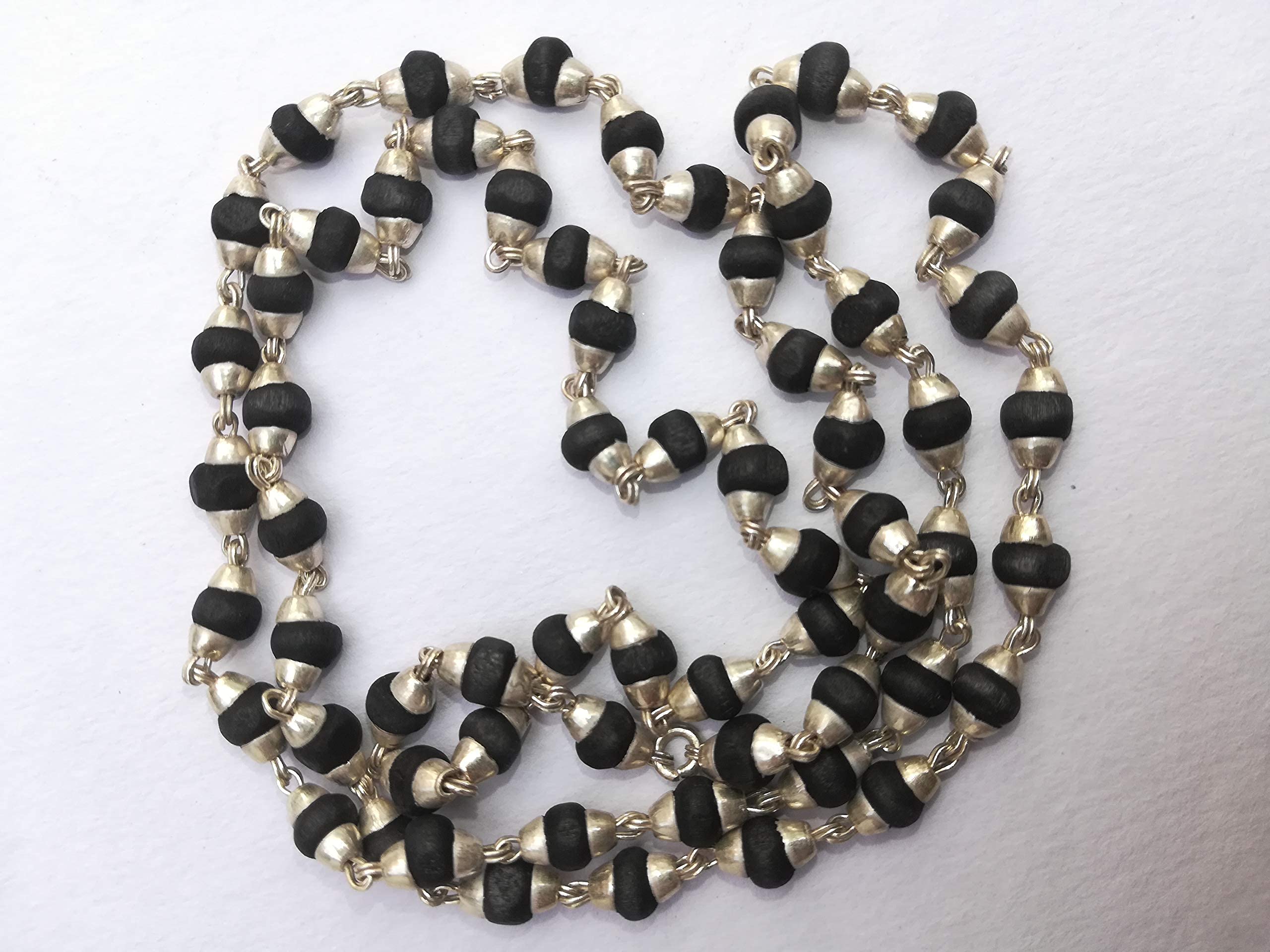 Apnisanskriti Black & White Tulsi Mala in Silver Designer Caps - Special Edition Big Size - Natural White Tulsi Beads - Pure Silver