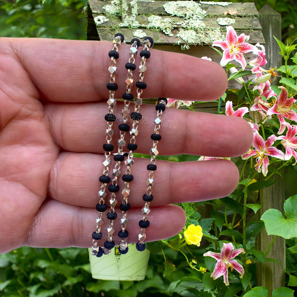 Apnisanskriti Black & White Tulsi Mala in Silver Designer Caps - Special Edition Big Size - Natural White Tulsi Beads - Pure Silver