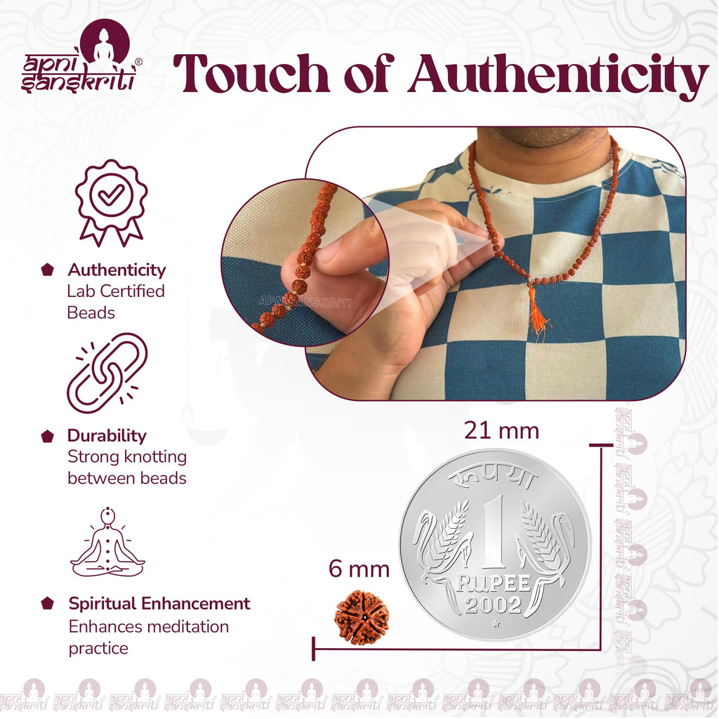 Apnisanskriti 5 Mukhi Rudraksha Mala for Men / Women Wearing (6mm, Medium Bead Size, 108+1 Beads, Lab Certified) - Natural Brown Rudraksh Beads - Pack of 1