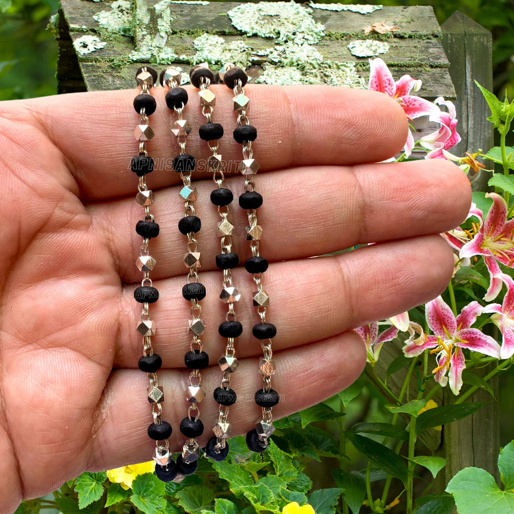 Apnisanskriti Black & White Tulsi Mala in Silver Designer Caps - Special Edition Big Size - Natural White Tulsi Beads - Pure Silver