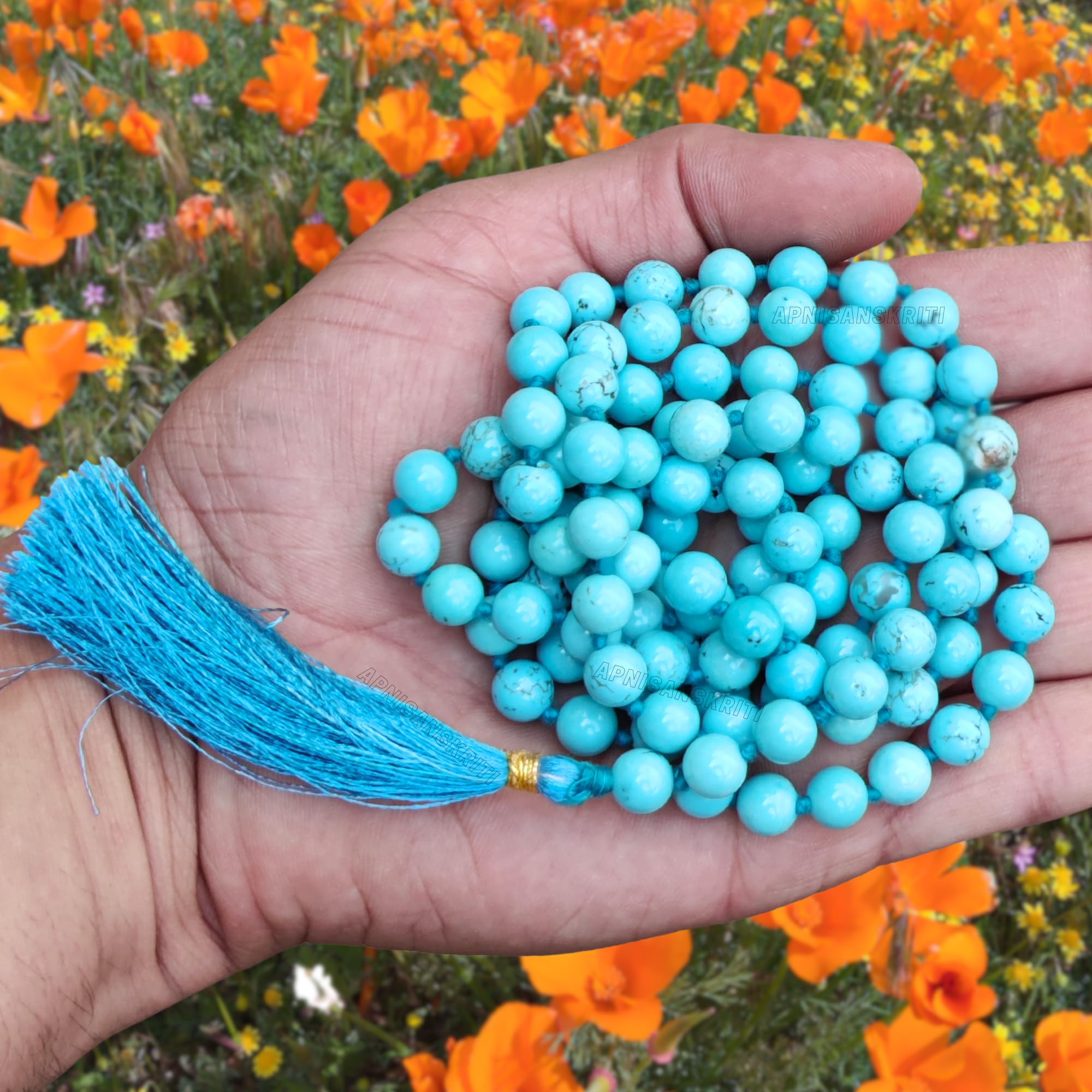 Apnisanskriti 8mm Phiroza Turquoise Mala - Serene Beads for Spiritual Harmony (Pack of 1)