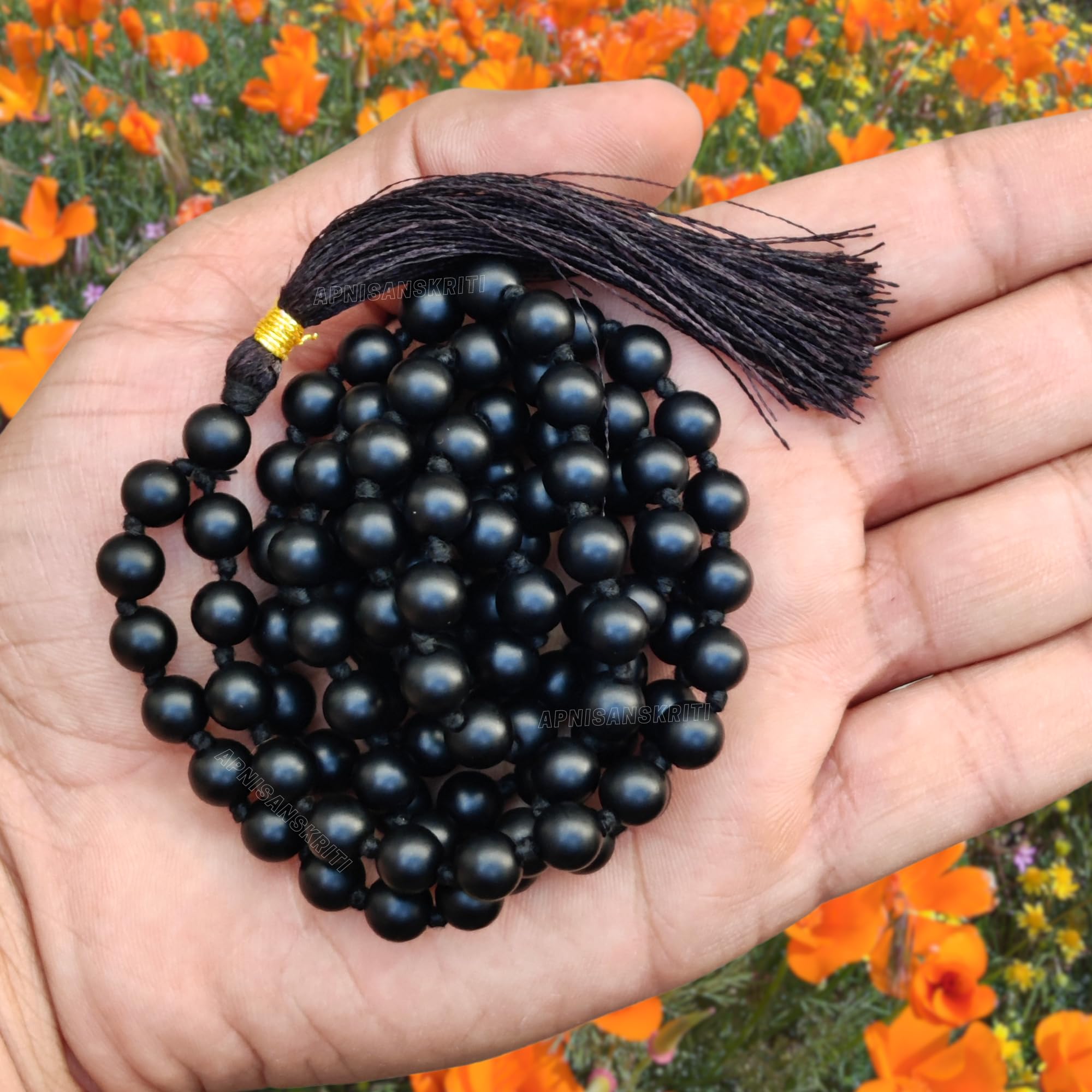 Apnisanskriti 8mm Black Onyx Matte Finish Mala - Strength and Serenity in Spiritual Practice (Pack of 1)