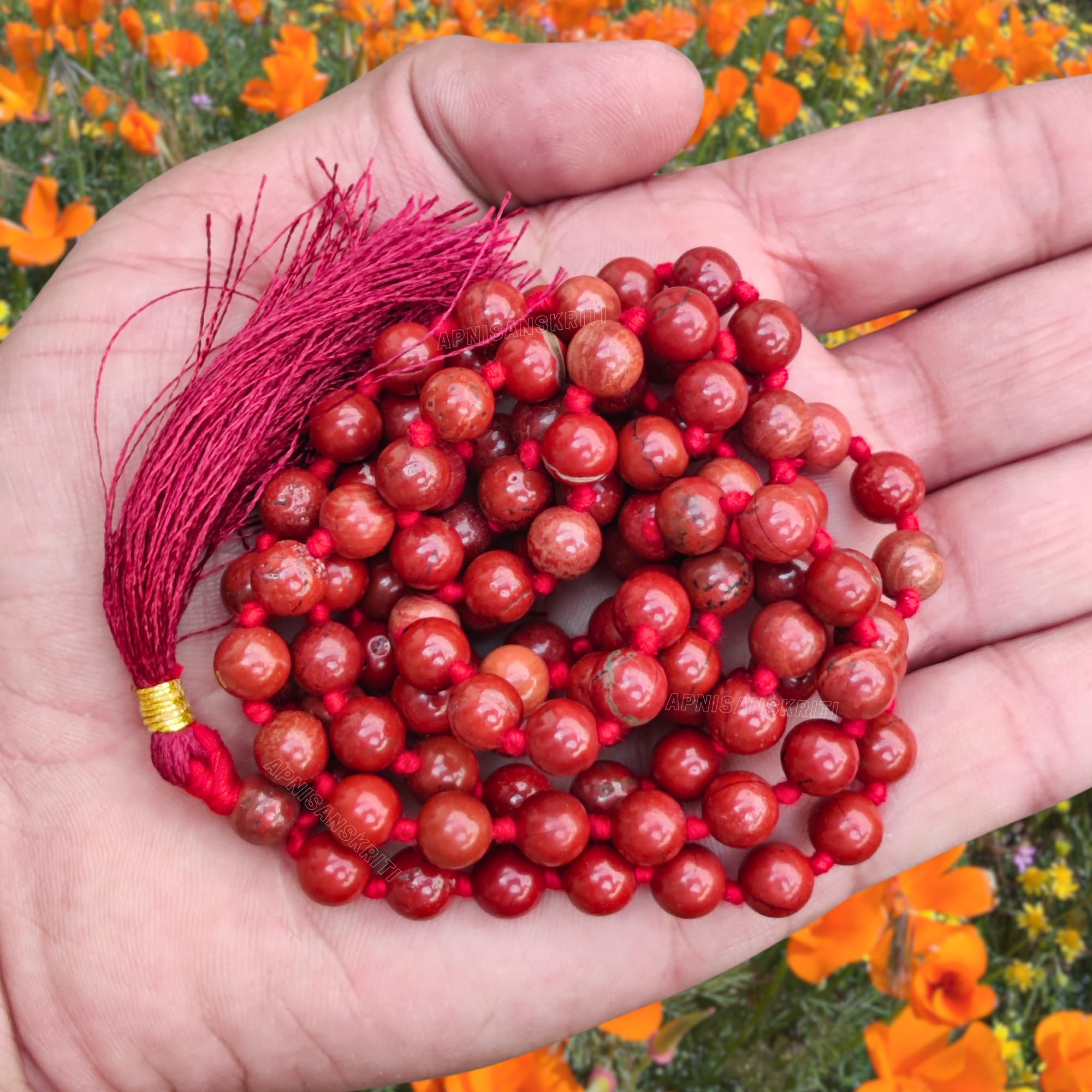 Apnisanskriti 8mm Red Jasper Mala - Grounding and Vitality in Spiritual Practice (Pack of 1)
