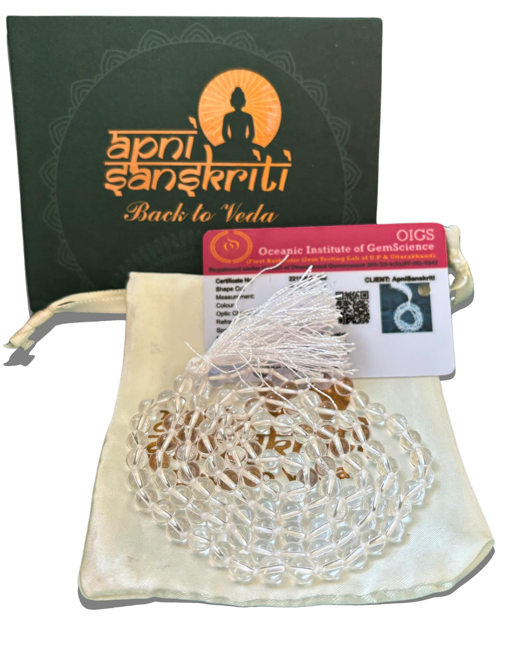 Apnisanskriti 6mm Sphatik Mala with Tussle (108+1 Beads) | Natural & Lab Certified | Spadigam Malai | Crystal Jaap Mala for Pooja and Wearing (24 inch)