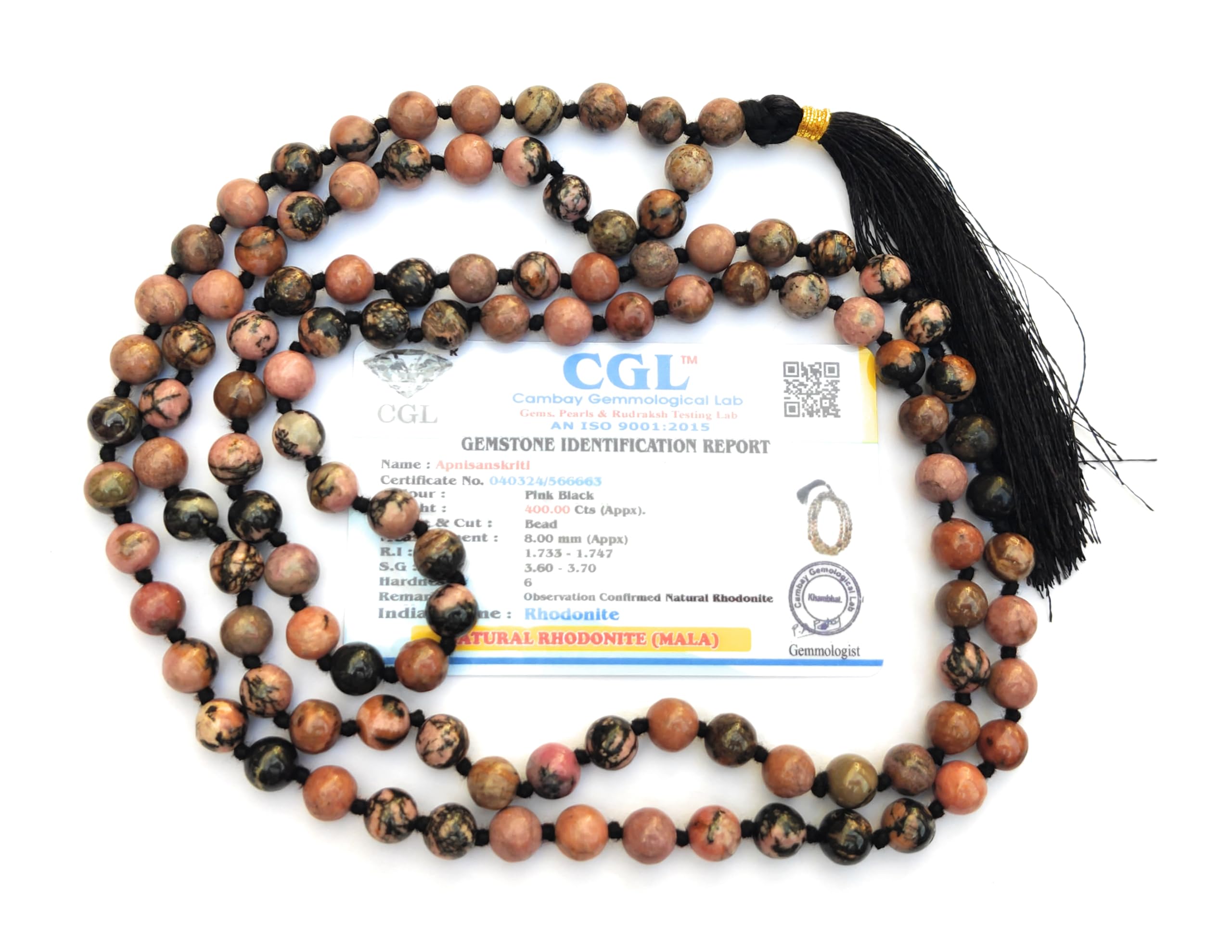 Apnisanskriti 8mm Rhodonite Mala - Love and Balance in Spiritual Practice (Pack of 1)