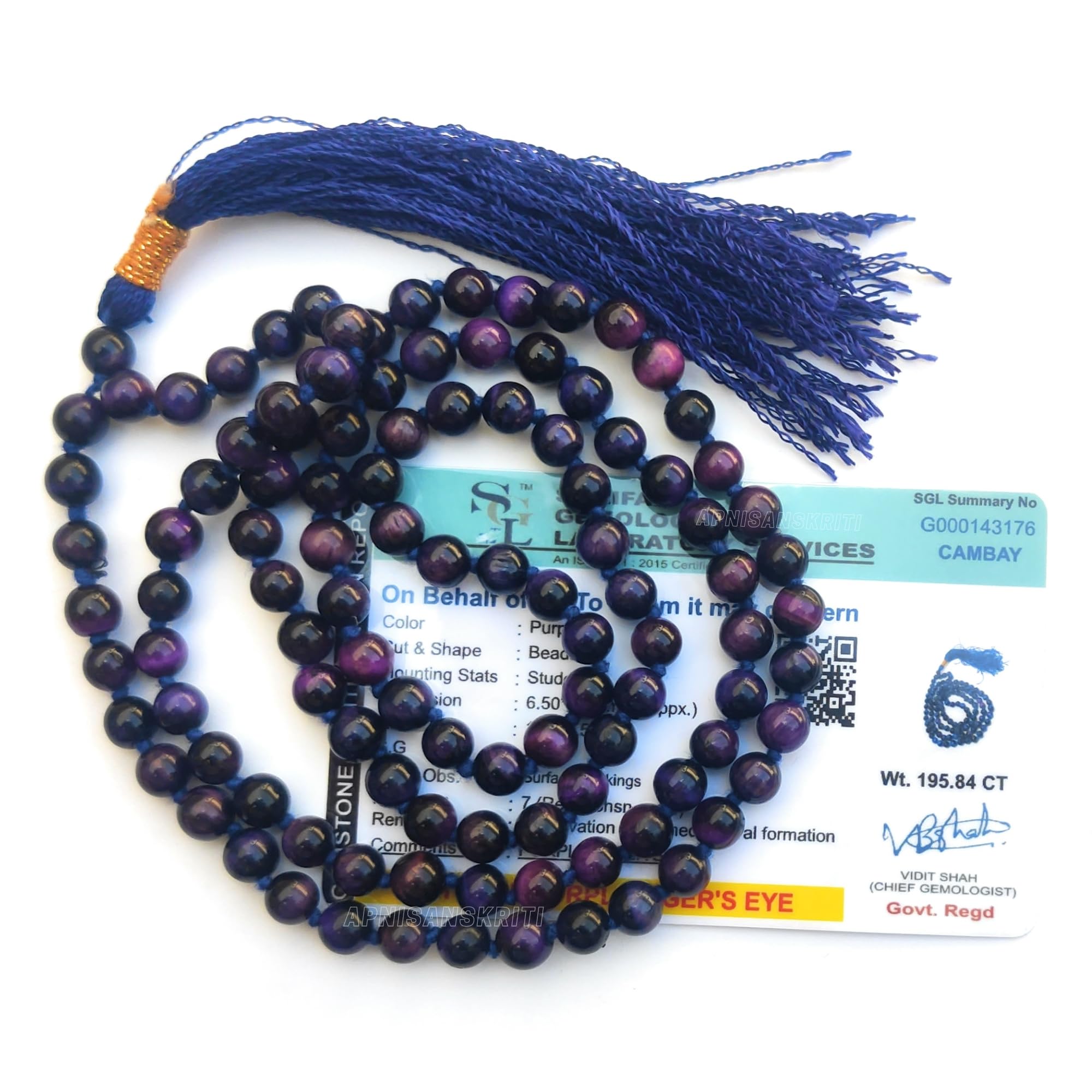 Apnisanskriti Premium Stone Mala for Men and Women (6mm, AAA Quality, Lab Certified, 108+1) - Natural Stone Beads Mala - Pack of 1