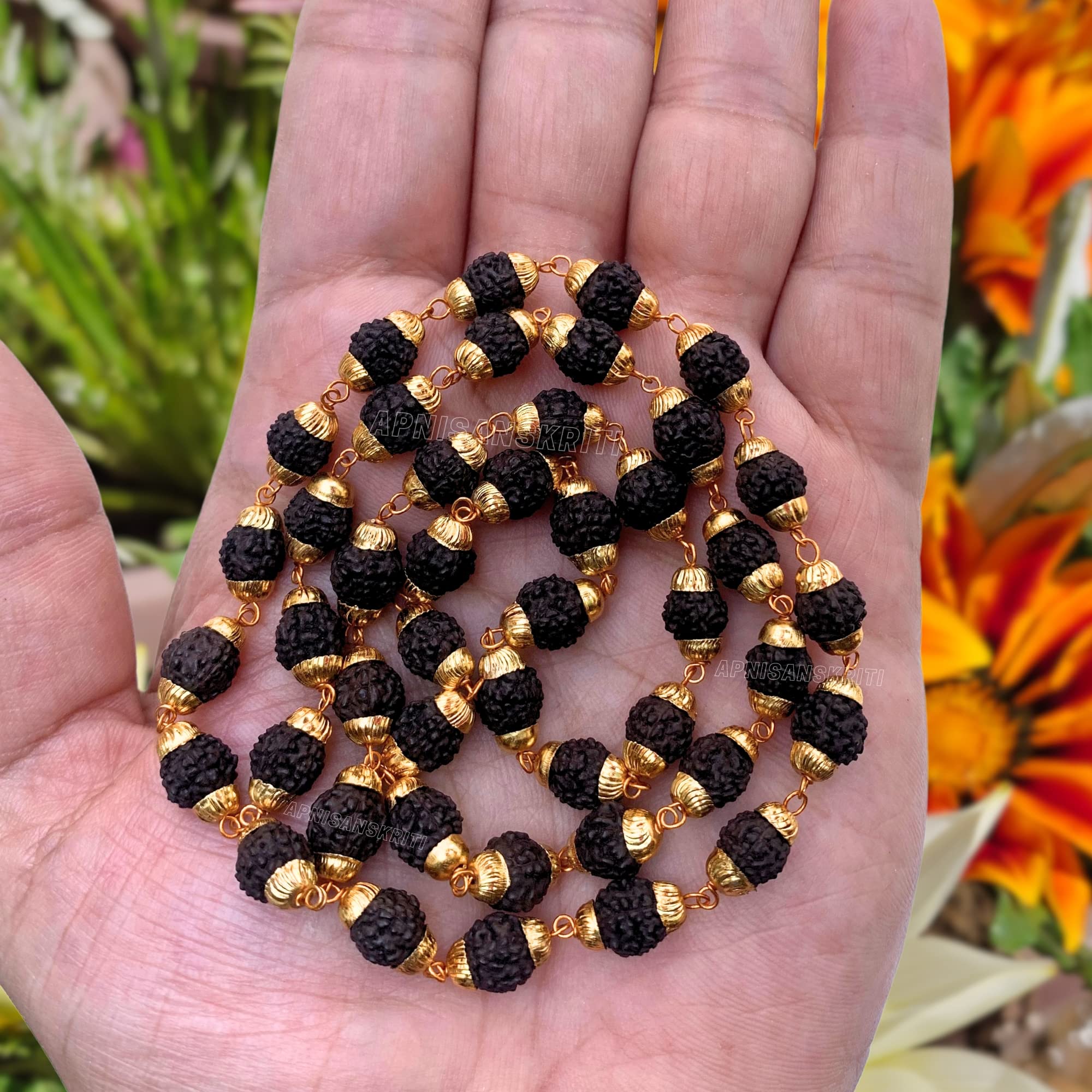 Apnisanskriti Black Rudraksha Mala with Golden Cap for Men/Women Wearing (Lab Certified, Original Black Rudraksh) - Pack of 1
