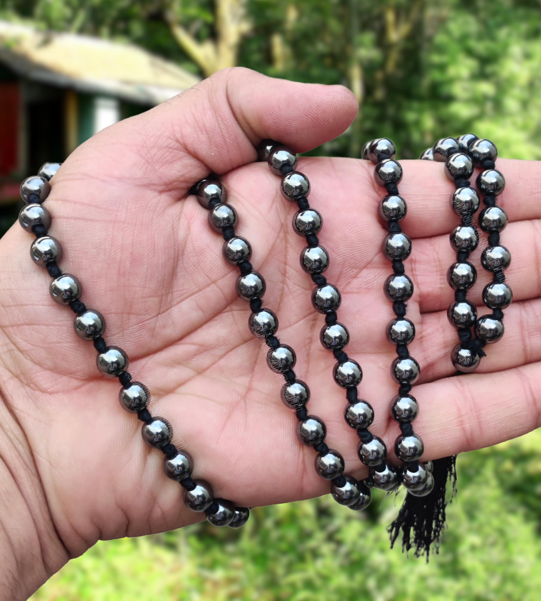 Apnisanskriti 8mm Hematite Mala - Strength and Stability in Spiritual Practice (Pack of 1)