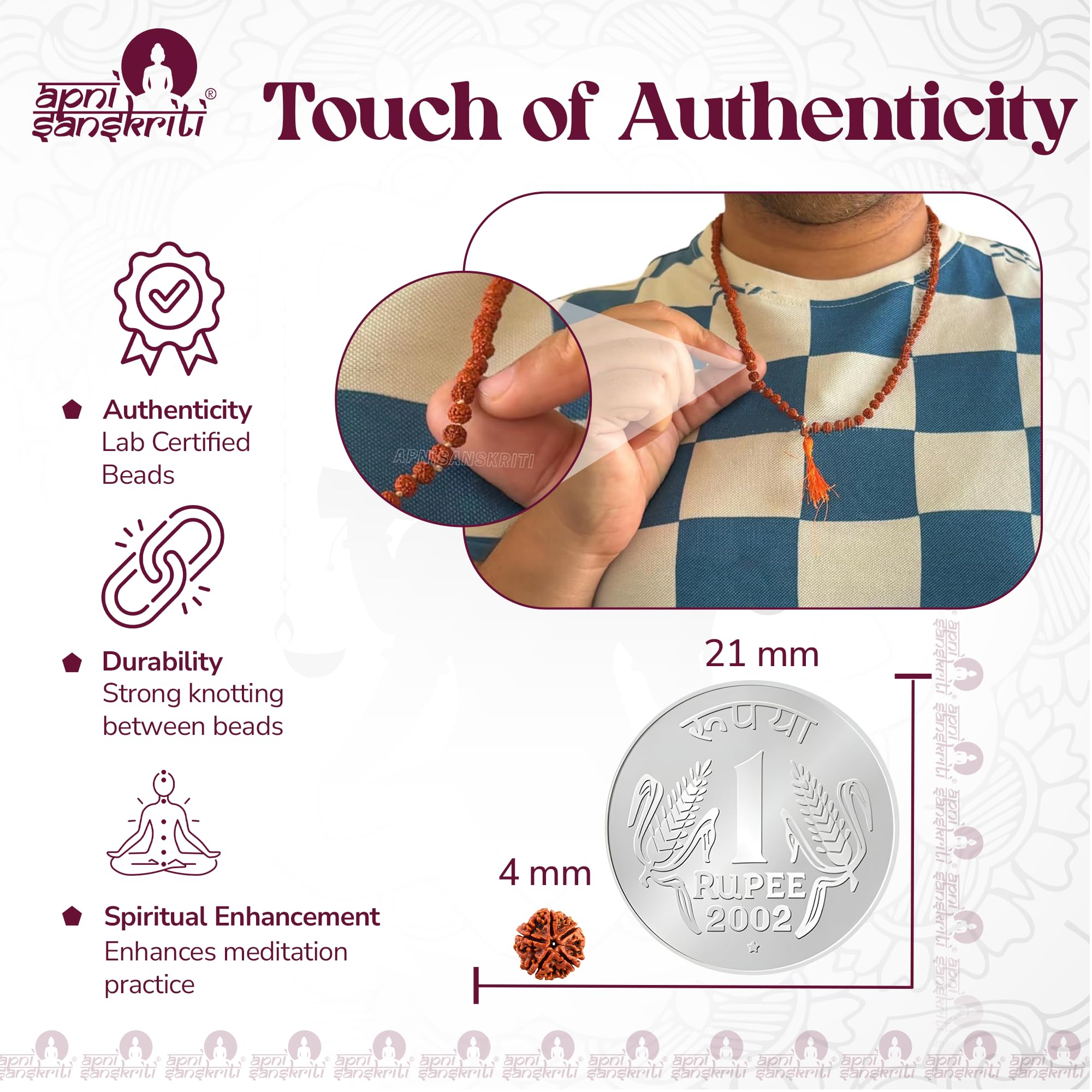 Apnisanskriti 5 Mukhi Rudraksha Mala for Men/Women Wearing (108+1, Lab Certified, Natural Brown Rudraksha Beads)