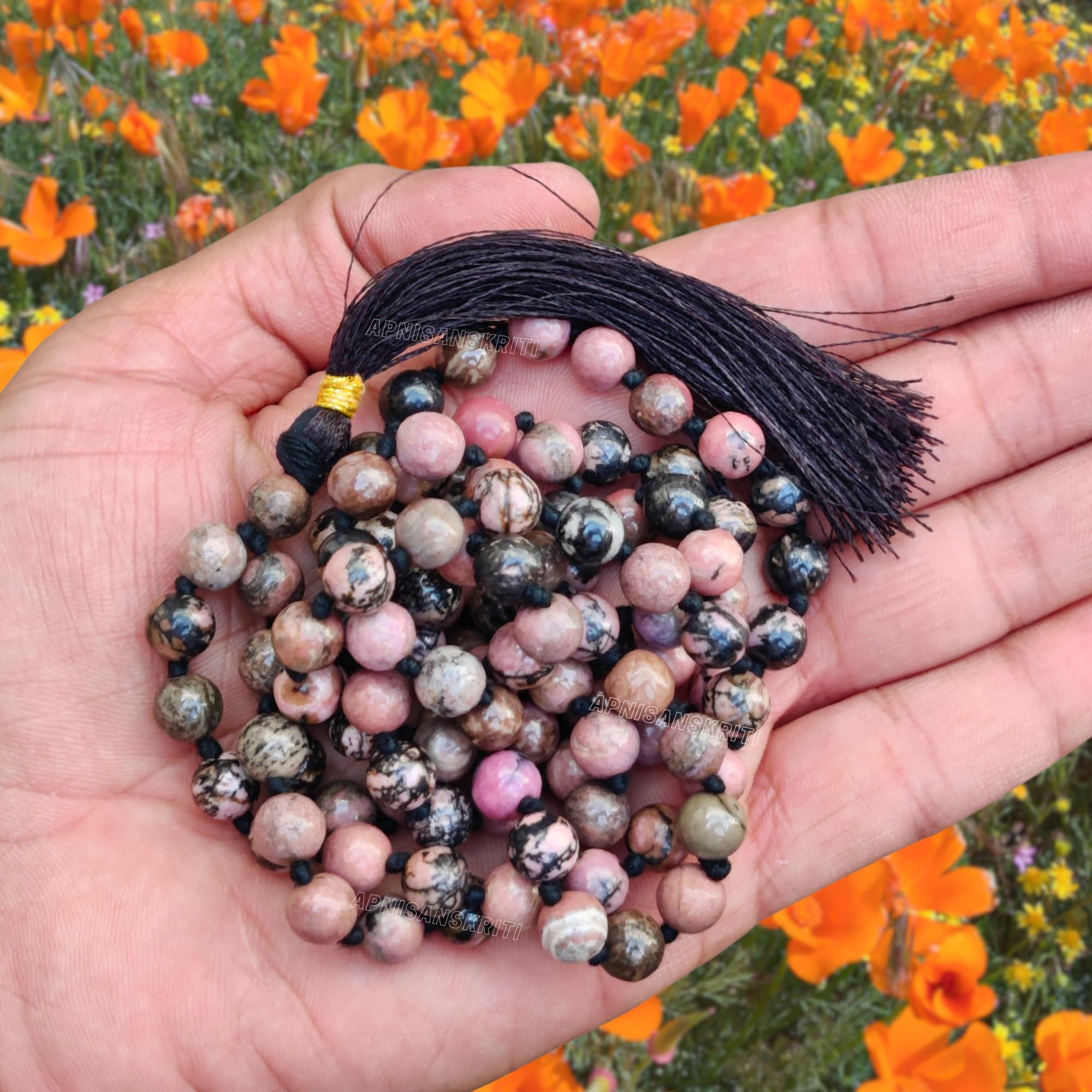 Apnisanskriti 8mm Rhodonite Mala - Love and Balance in Spiritual Practice (Pack of 1)