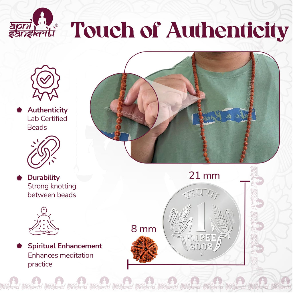 Apnisanskriti 5 Mukhi Rudraksha Mala for Jaap and men/women wearing (8 mm, large bead size, 108+1 Beads, Lab Certified) - Natural Brown Rudraksha Beads - Pack of 1