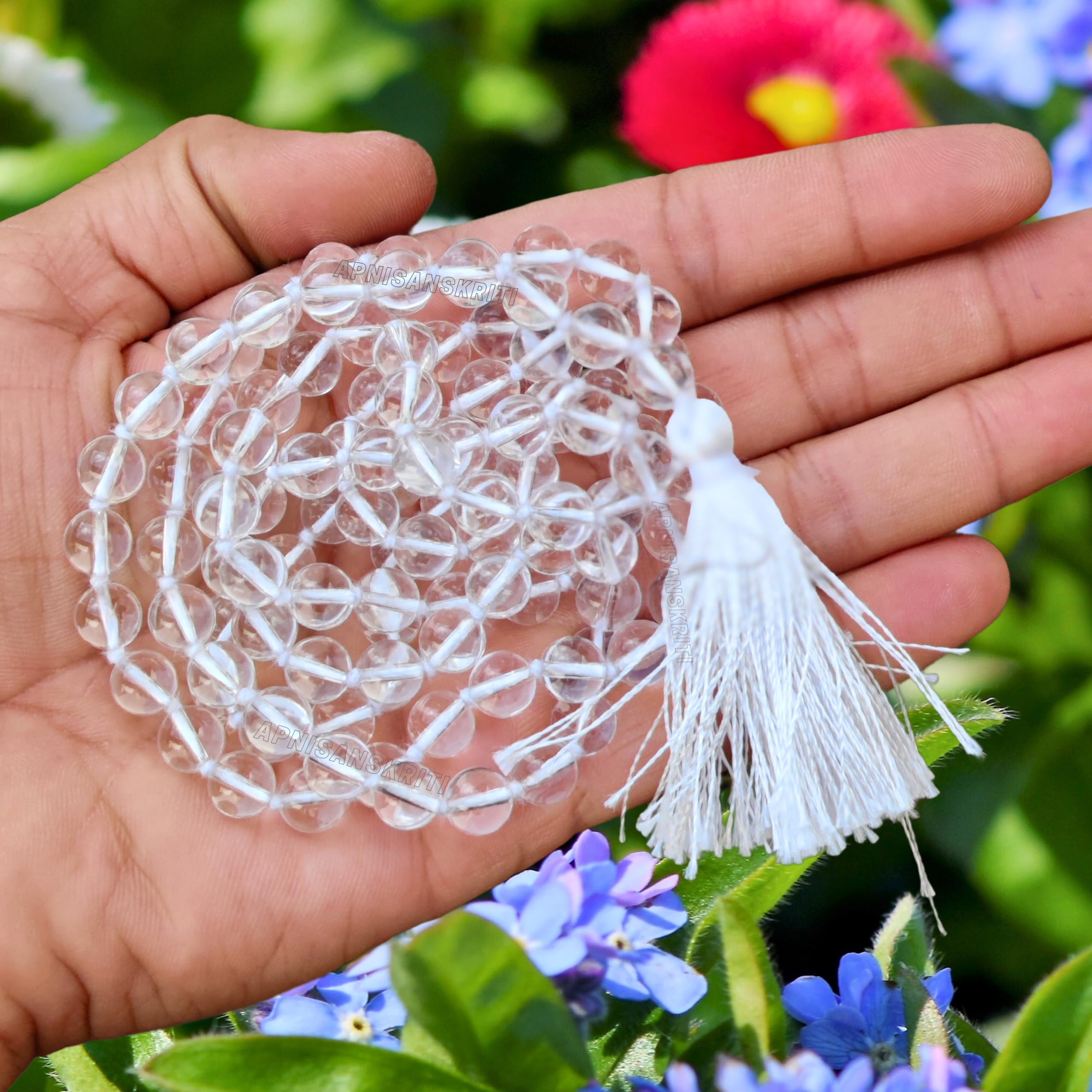 Apnisanskriti 8mm Sphatik Mala with Tussle (108+1 Beads) | Natural & Lab Certified | Spadigam Malai | Crystal Jaap Mala for Pooja and Wearing (27 inch)