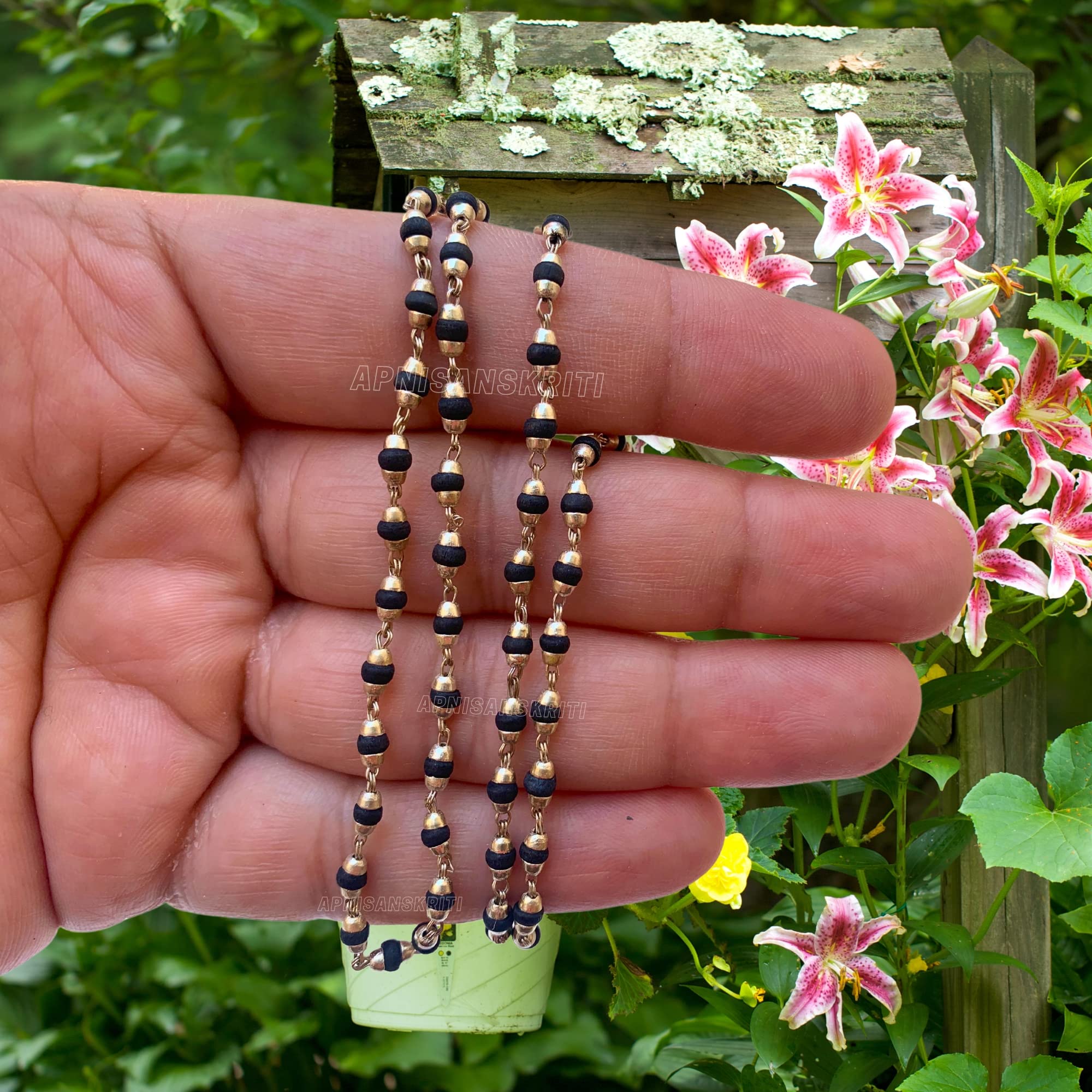 Apnisanskriti Black & White Tulsi Mala in Silver Designer Caps - Special Edition Big Size - Natural White Tulsi Beads - Pure Silver
