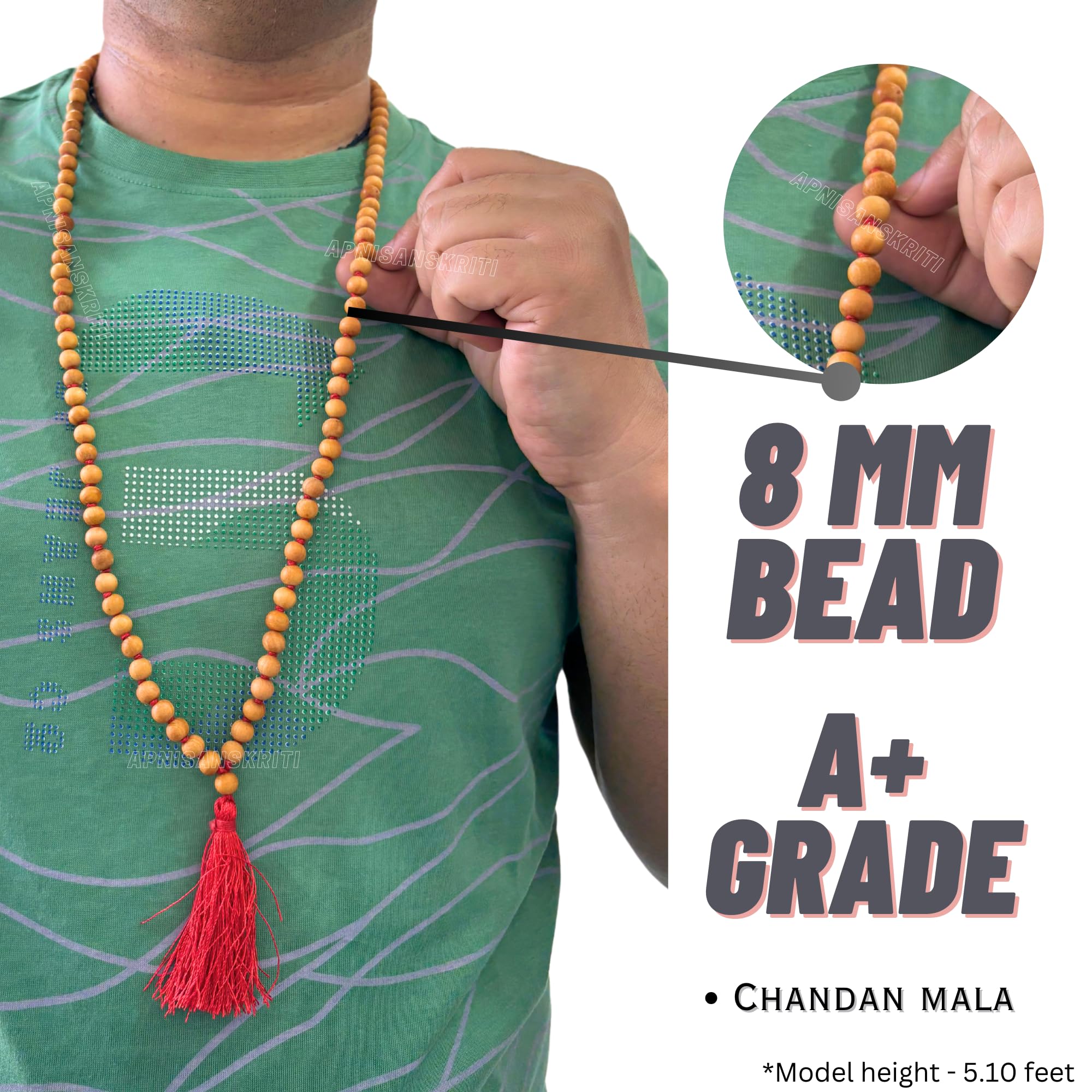 Apnisanskriti Chandan Mala (Sandalwood Rosary) for Jaap and for Men and Women Wearing (8mm, Large Size, 108+1 Beads, Lab Certified ) - Natural Chandan Beads - Pack of 1