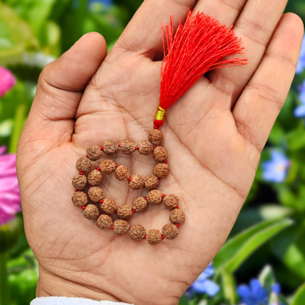 Apnisanskriti 5 Mukhi Sumarini Rudraksha Mala Men/Women for Jaap (7mm, Medium Bead Size, 27 Beads, Lab Certified) - Natural Brown Rudraksha Beads - Pack of 1