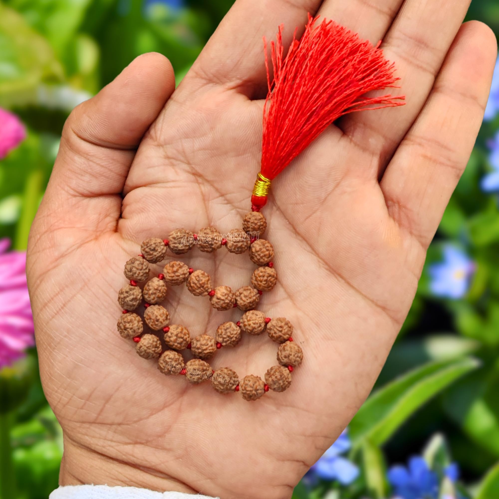 Apnisanskriti 5 Mukhi Sumarini Rudraksha Mala Men/Women for Jaap (7mm, Medium Bead Size, 27 Beads, Lab Certified) - Natural Brown Rudraksha Beads - Pack of 1