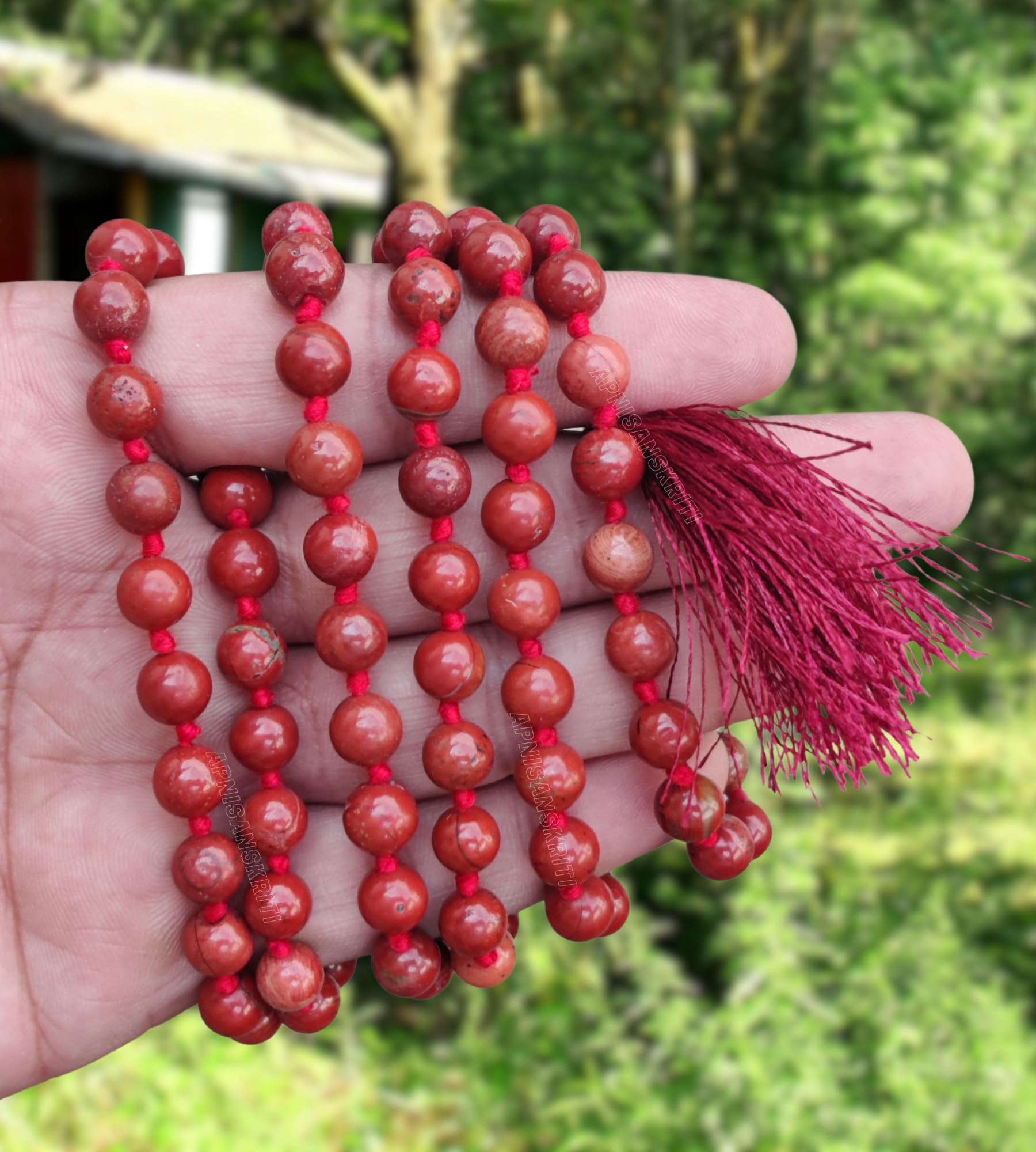 Apnisanskriti 8mm Red Jasper Mala - Grounding and Vitality in Spiritual Practice (Pack of 1)