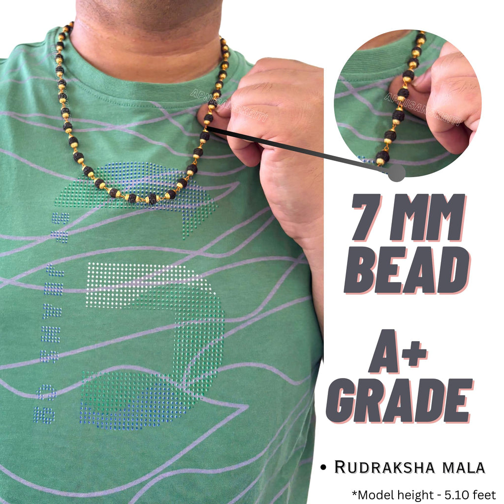 Apnisanskriti Black Rudraksha Mala with Golden Cap for Men/Women Wearing (Lab Certified, Original Black Rudraksh) - Pack of 1