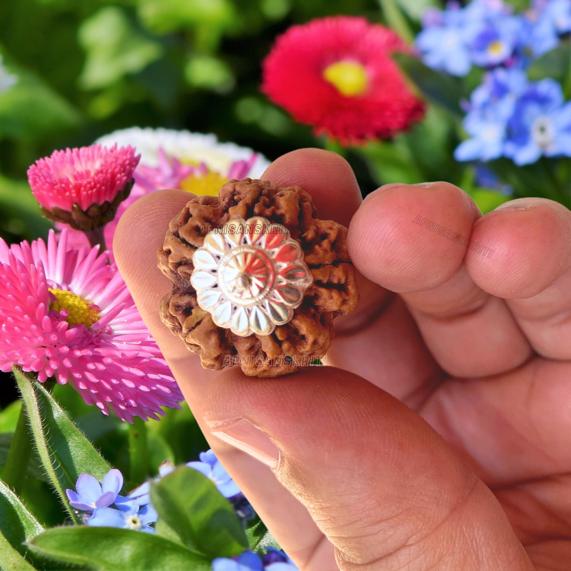Apnisanskriti Certified Nepali 5 Mukhi Beads with Silver Cap - Natural Beads for Men and Women