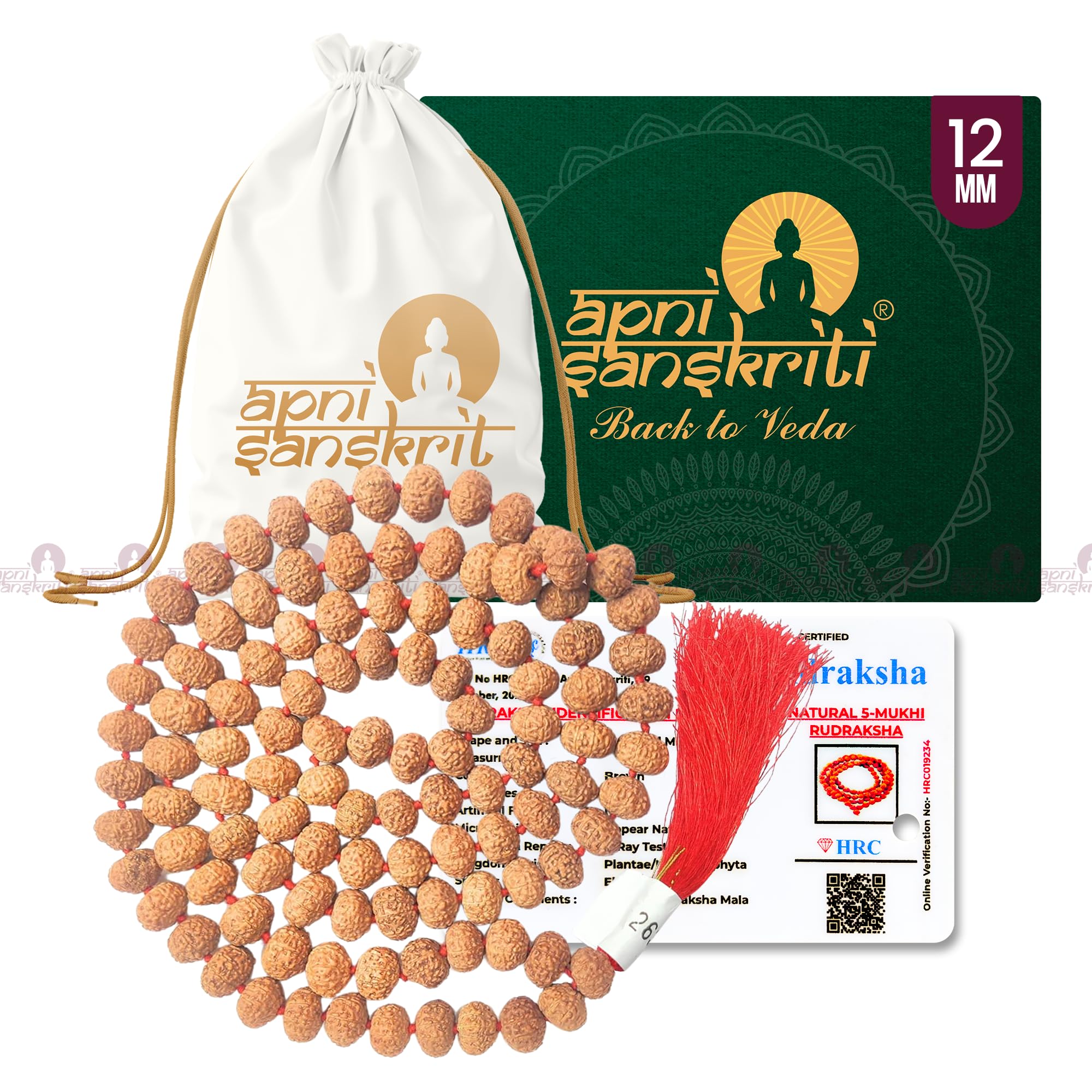 Apnisanskriti 5 Mukhi Chikni Pathri Rudraksha Mala For Jaap and Men/Women Wearing (12Mm, Lab Certified, Big Bead Size, 108+1) - A+ Grade - Pack Of 1