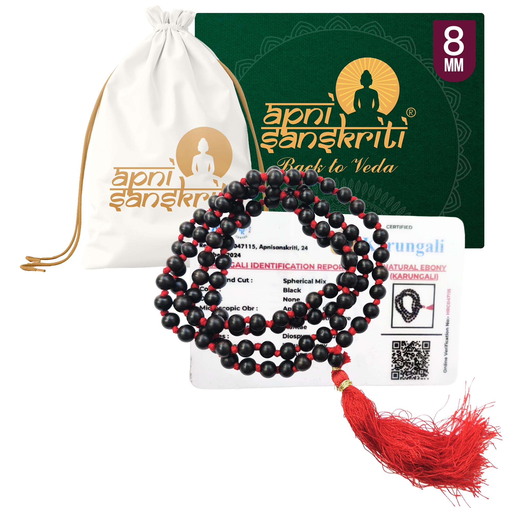 Apnisanskriti Premium Lab Certified Karungali Mala 8mm (Ebony Mala) - Black with Knots, Shiny Finish (Pack of 1)