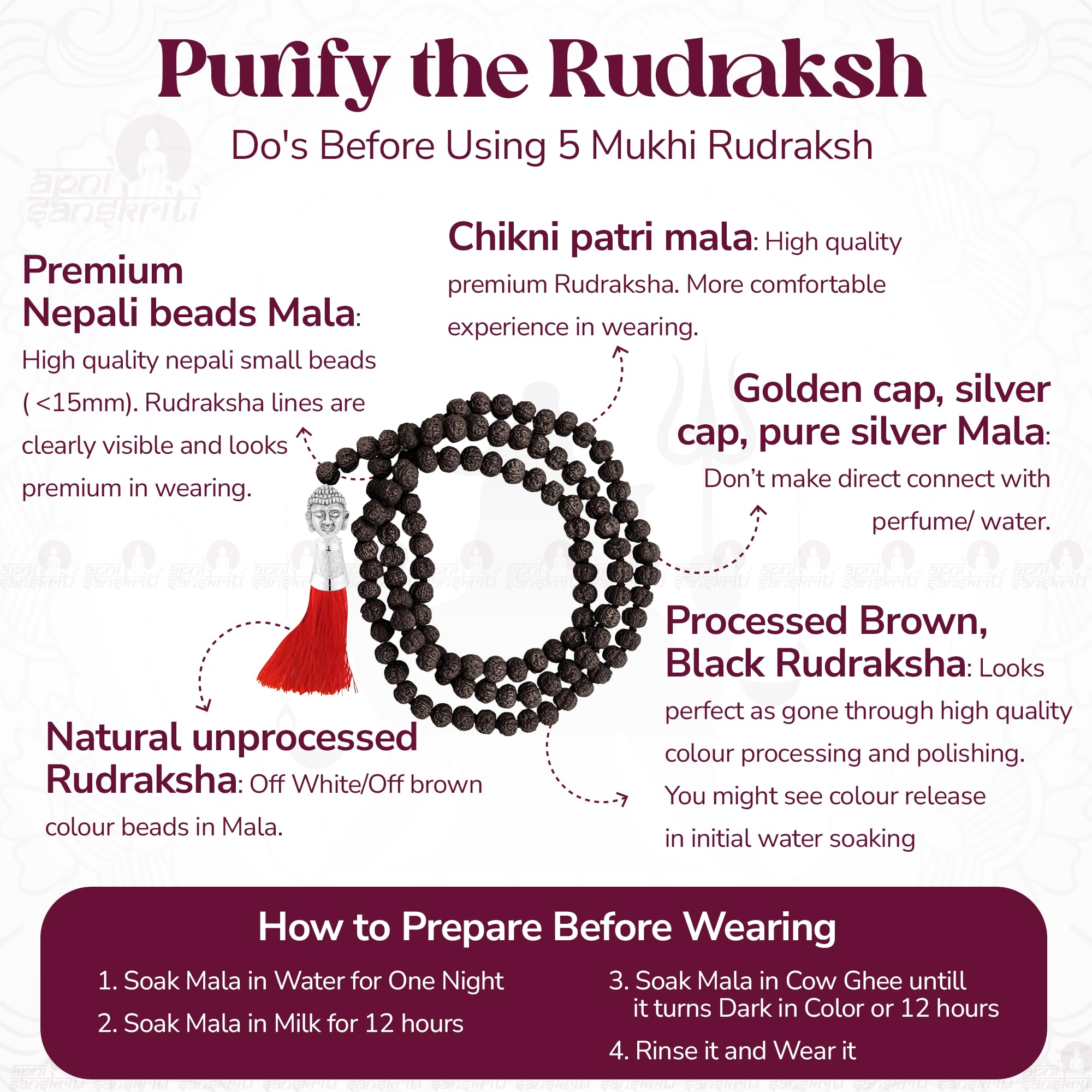 Apnisanskriti Black Rudraksha Mala With Buddha Face (6 mm, Chest Length, 108+1 Beads, Lab Certified ) - Natural Black Rudraksha Beads - Pack of 1