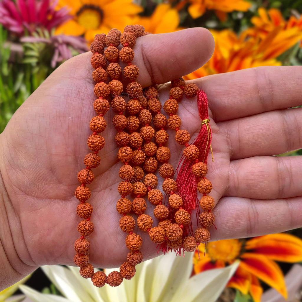 Apnisanskriti 5 Mukhi Rudraksha Mala for Men/Women Wearing (108+1, Lab Certified, Natural Brown Rudraksha Beads)