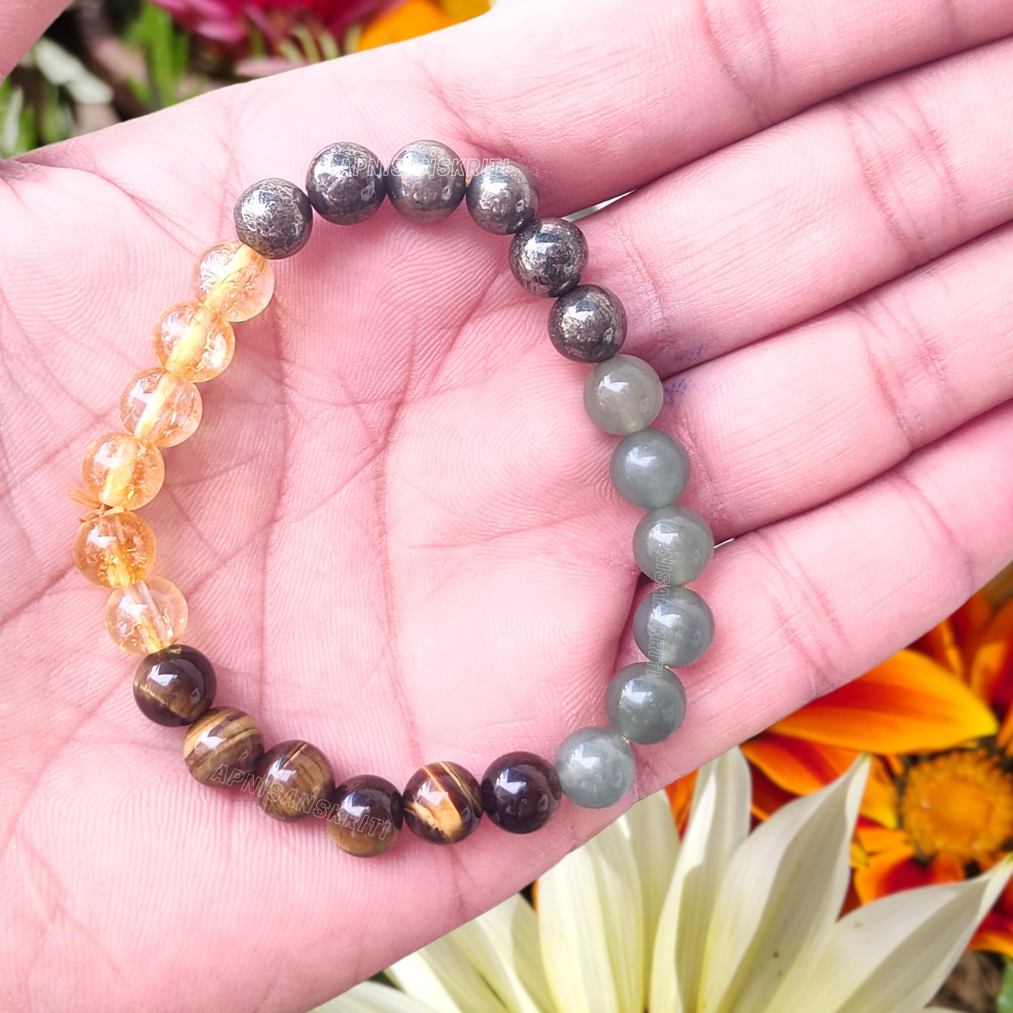 Apnisanskriti Certified Wealth Bracelet (8mm) – Natural Reiki Healing Round Crystal Gem Stone Beads Bracelet (8mm) – Free Size for Men & Women