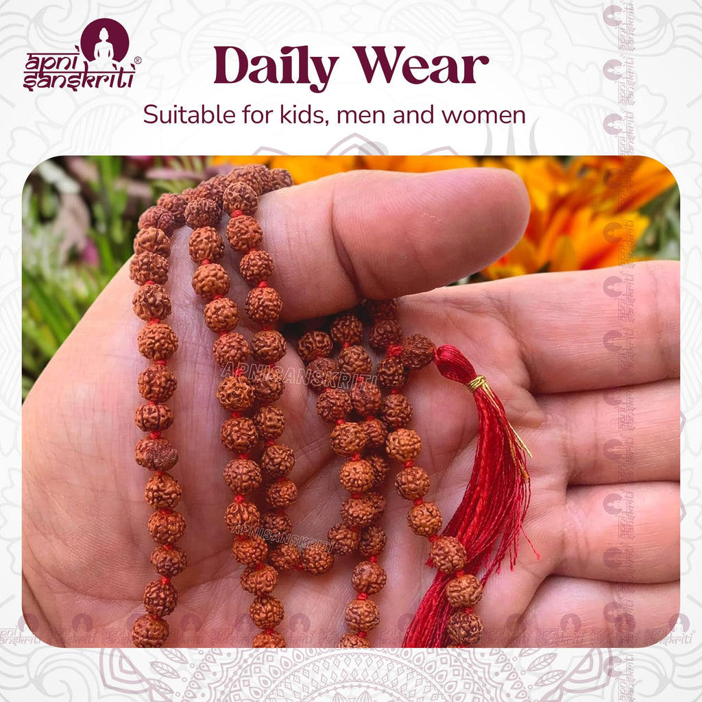 Apnisanskriti 5 Mukhi Rudraksha Mala for Jaap and men/women wearing (8 mm, large bead size, 108+1 Beads, Lab Certified) - Natural Brown Rudraksha Beads - Pack of 1