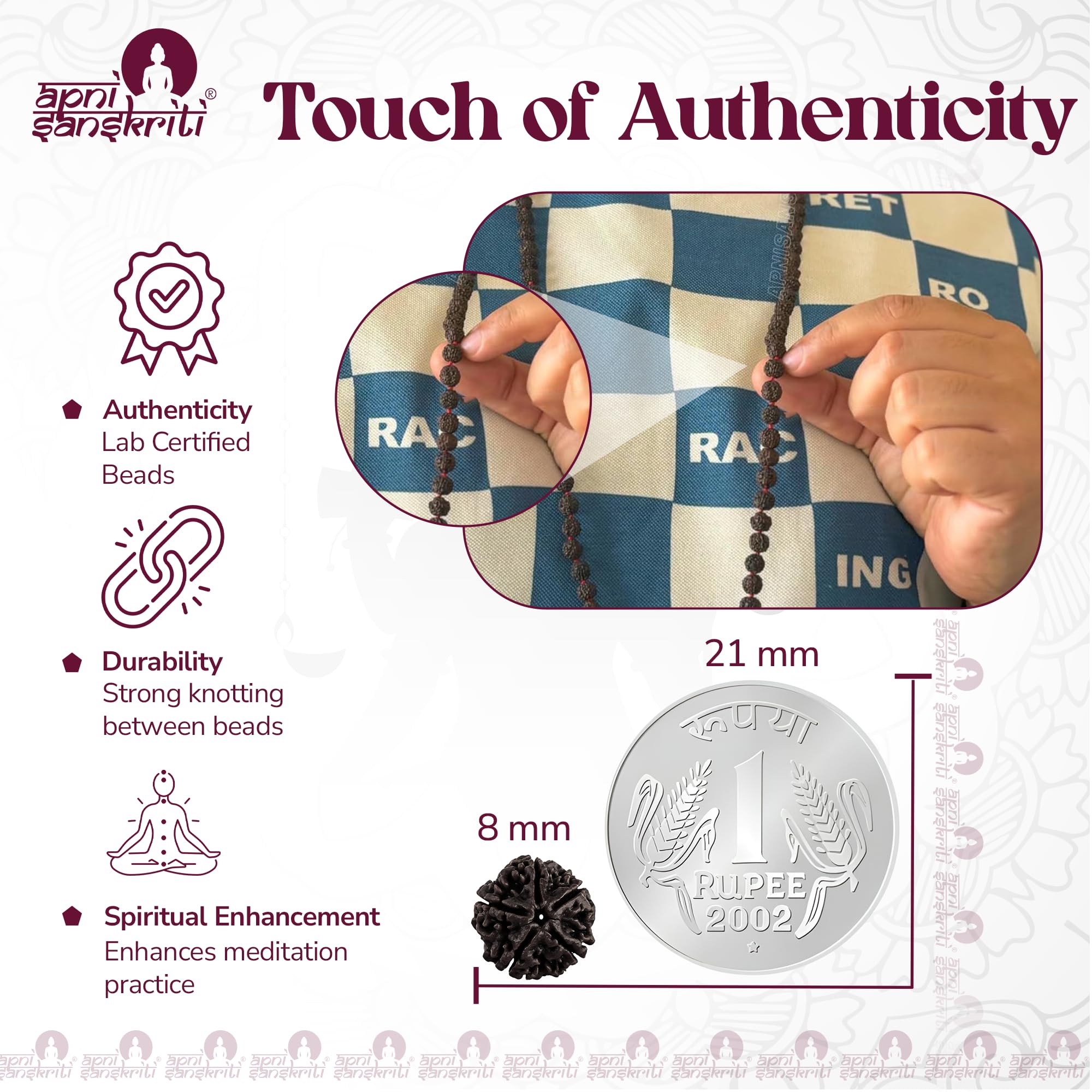 Apnisanskriti Black Rudraksha Mala (8 mm, Chest length, 108+1 Beads, Lab Certified) - Natural Black Rudraksha Beads - Pack of 1