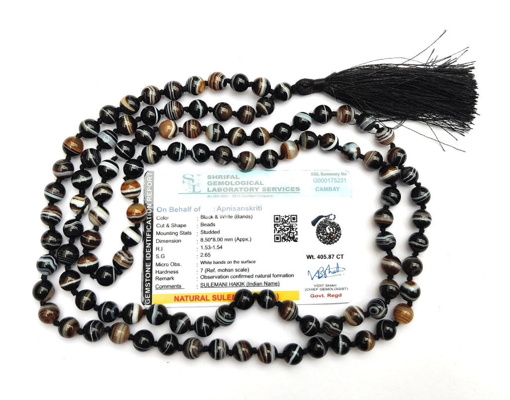Apnisanskriti Black Sulemani Hakik/Agate Mala (8mm, Medium Length, Lab Certified) - Black - Stone - pack of 1