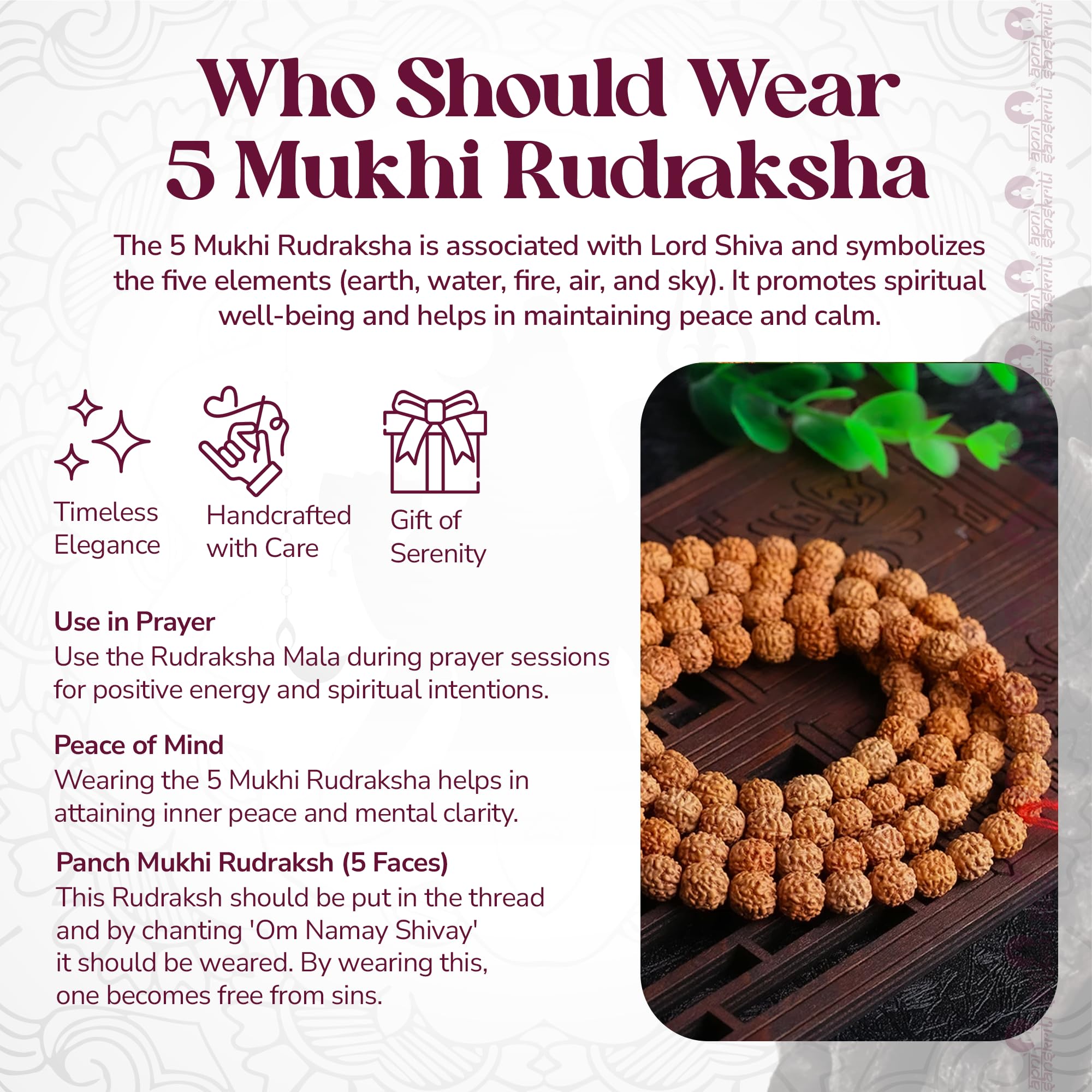 Apnisanskriti 5 Mukhi Rudraksha Mala for Jaap and Men/Women Wearing (10mm, Big Bead Size, 108+1, Lab Certified) - Natural Rudraksh Beads - Pack of 1