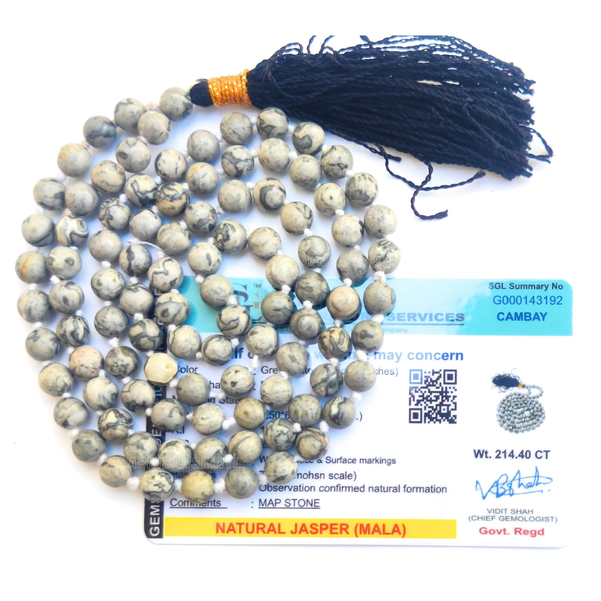 Apnisanskriti Premium Stone Mala for Men and Women (6mm, AAA Quality, Lab Certified, 108+1) - Natural Stone Beads Mala - Pack of 1