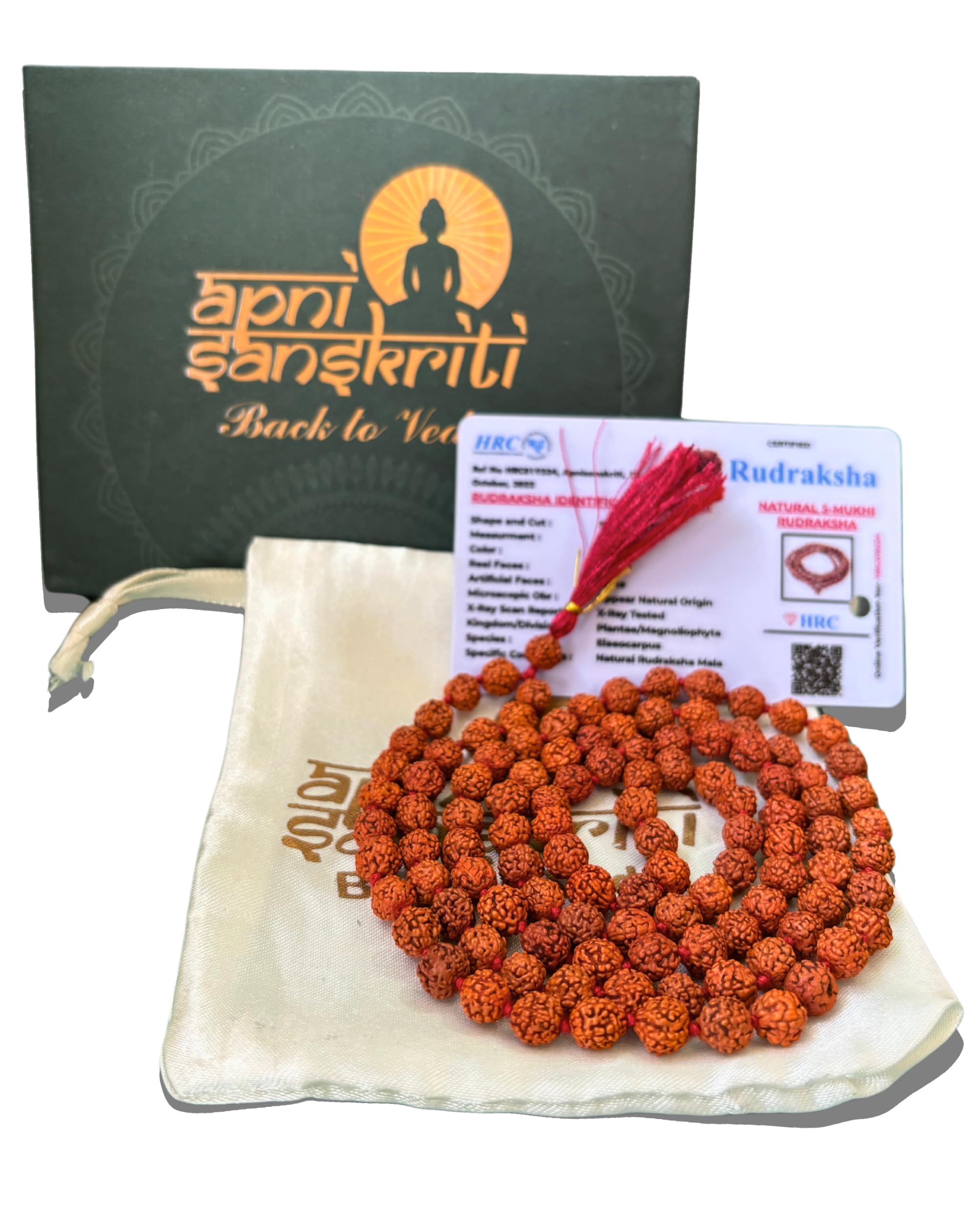 Apnisanskriti 5 Mukhi Rudraksha Mala for Men/Women Wearing (108+1, Lab Certified, Natural Brown Rudraksha Beads)