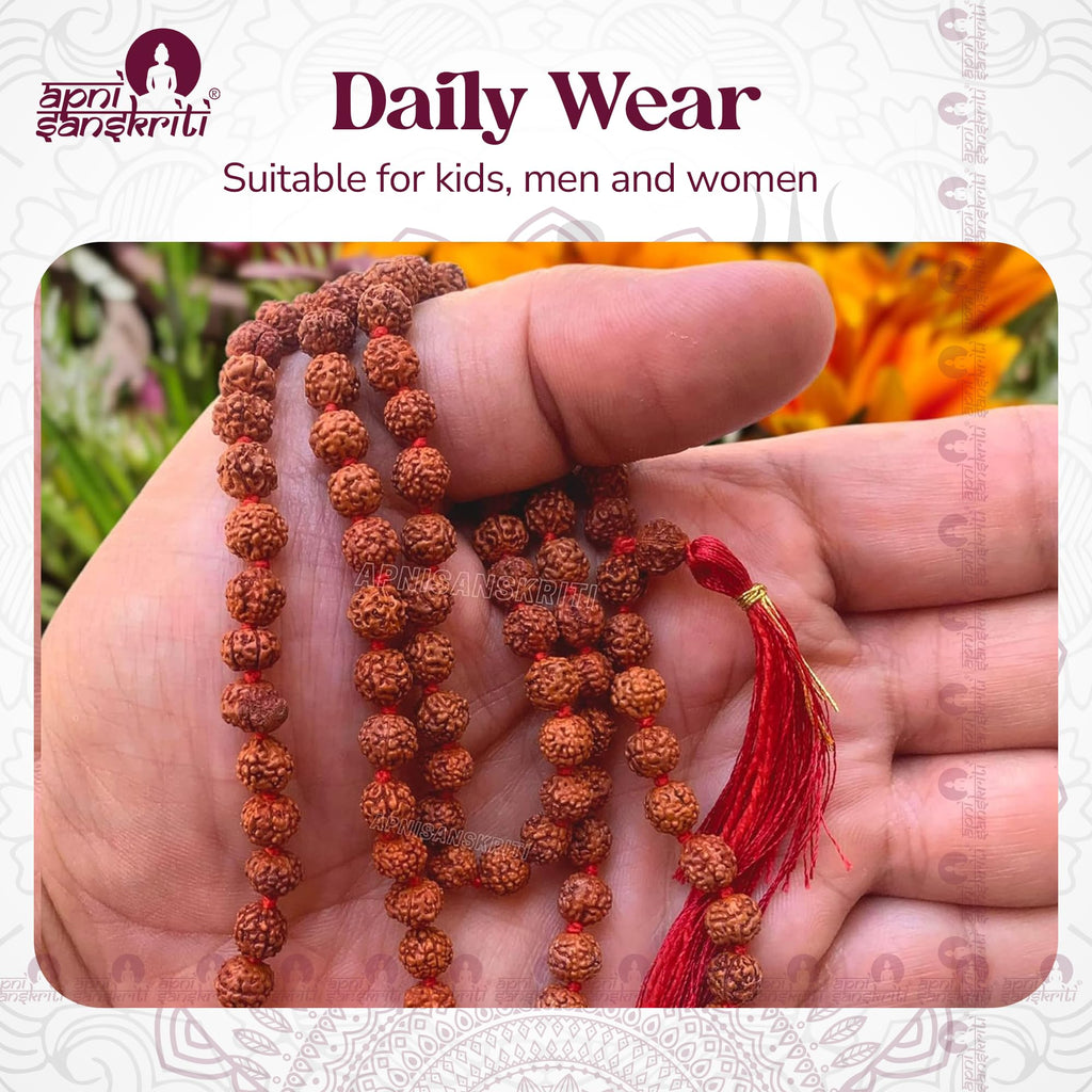 Apnisanskriti 5 Mukhi Rudraksha Mala for Men / Women Wearing (6mm, Medium Bead Size, 108+1 Beads, Lab Certified) - Natural Brown Rudraksh Beads - Pack of 1
