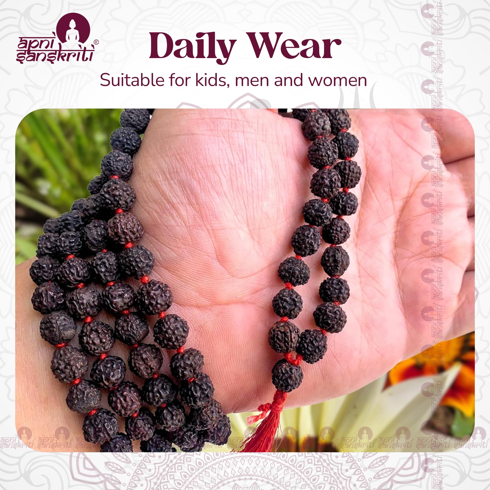 Apnisanskriti Black Rudraksha Mala (8 mm, Chest length, 108+1 Beads, Lab Certified) - Natural Black Rudraksha Beads - Pack of 1