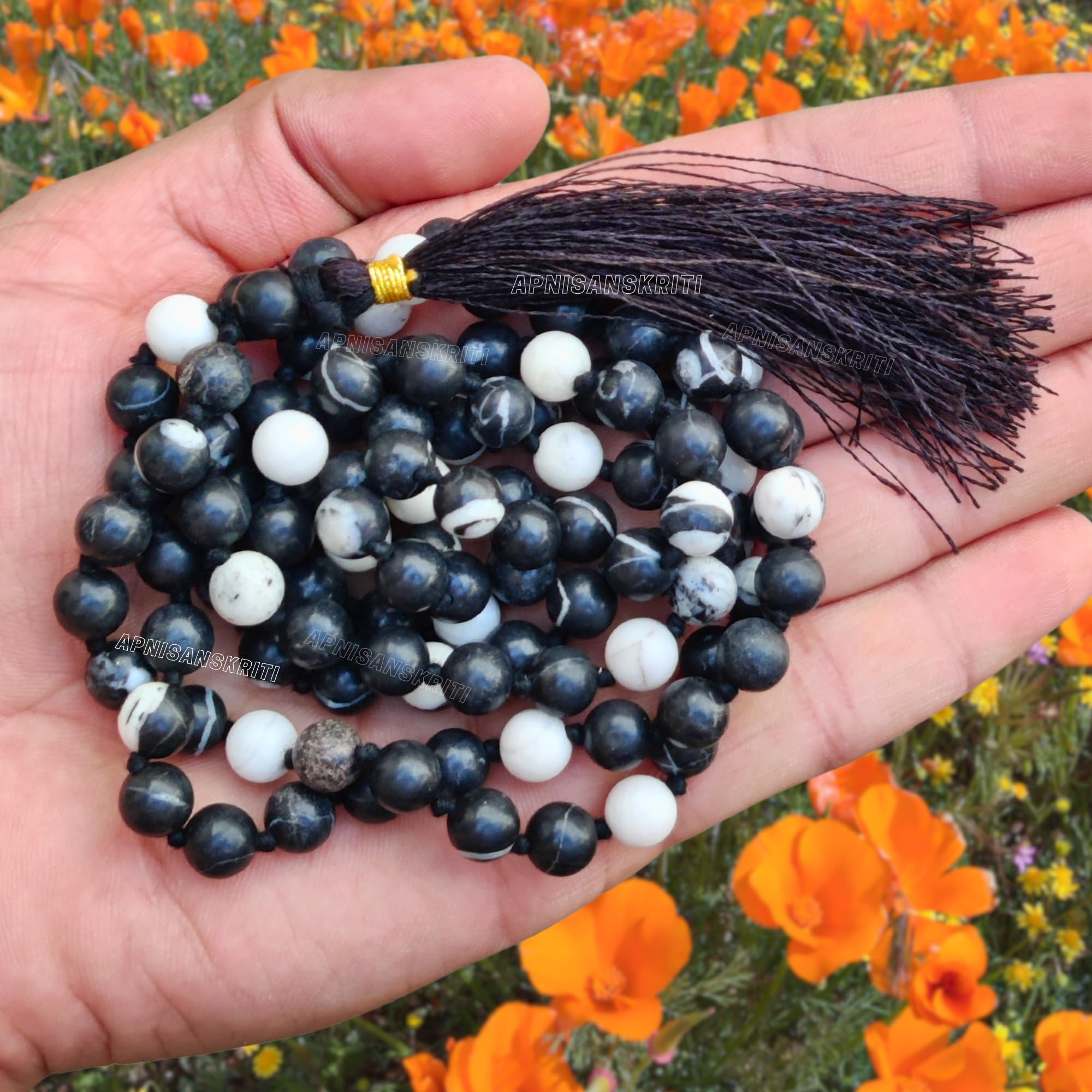 Apnisanskriti 8mm Zebra Jasper Mala - Harmonizing Beads for Balance and Spiritual Clarity (Pack of 1)