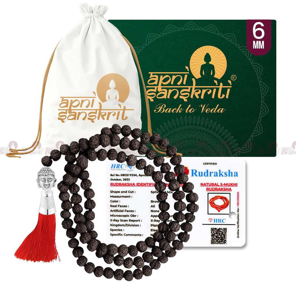 Apnisanskriti Black Rudraksha Mala With Buddha Face (6 mm, Chest Length, 108+1 Beads, Lab Certified ) - Natural Black Rudraksha Beads - Pack of 1