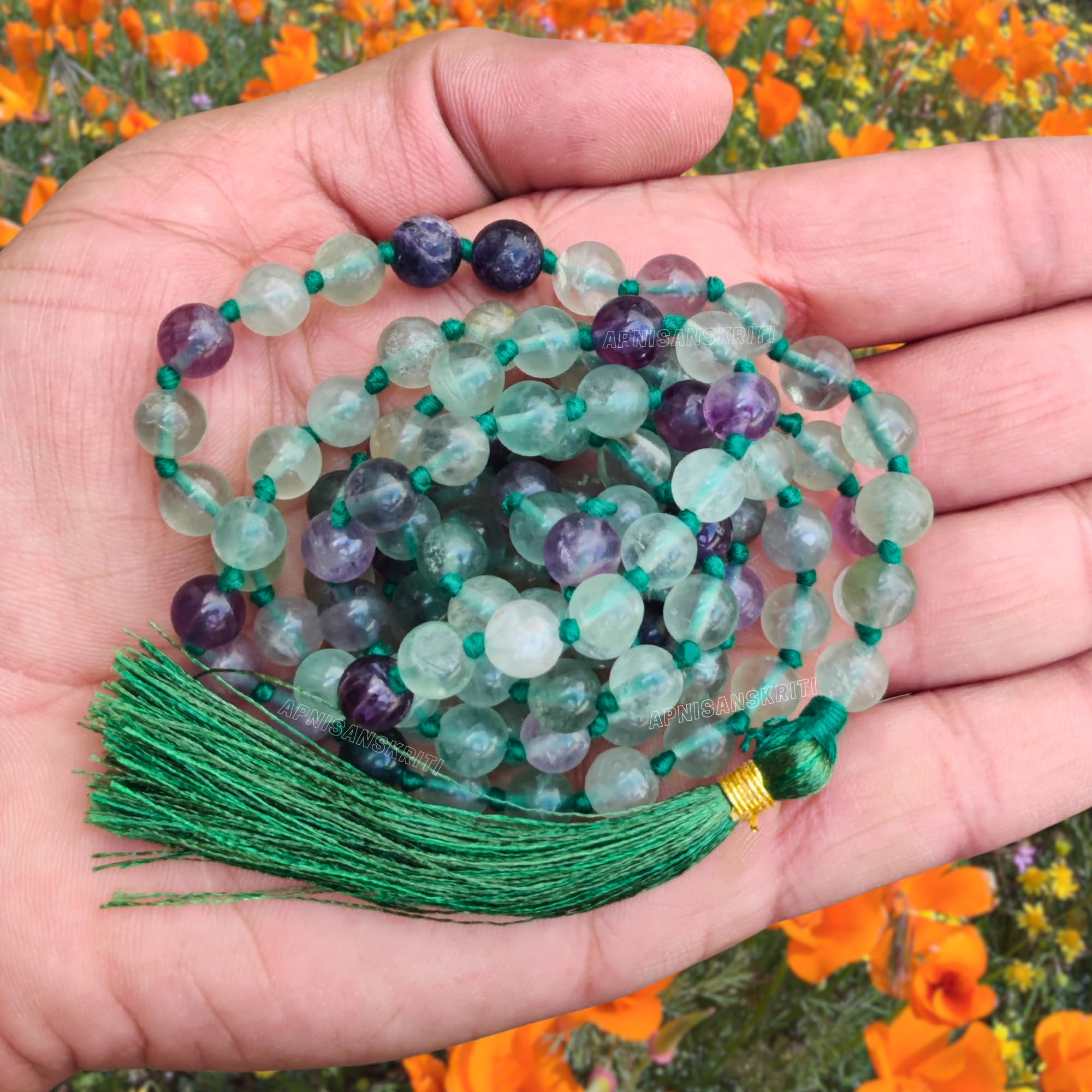 Apnisanskriti 8mm Multi Fluorite Mala - Harmony and Focus in Spiritual Practice (Pack of 1)