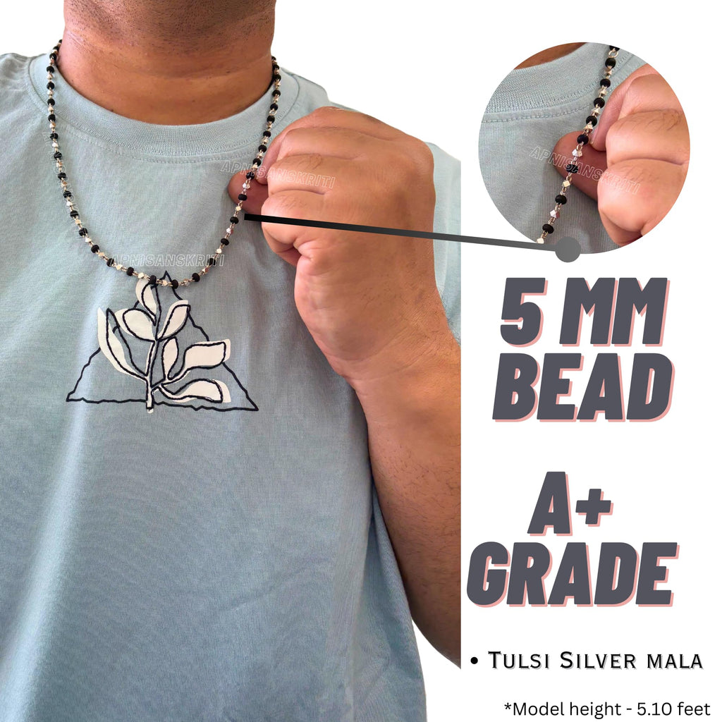 Apnisanskriti Black & White Tulsi Mala in Silver Designer Caps - Special Edition Big Size - Natural White Tulsi Beads - Pure Silver