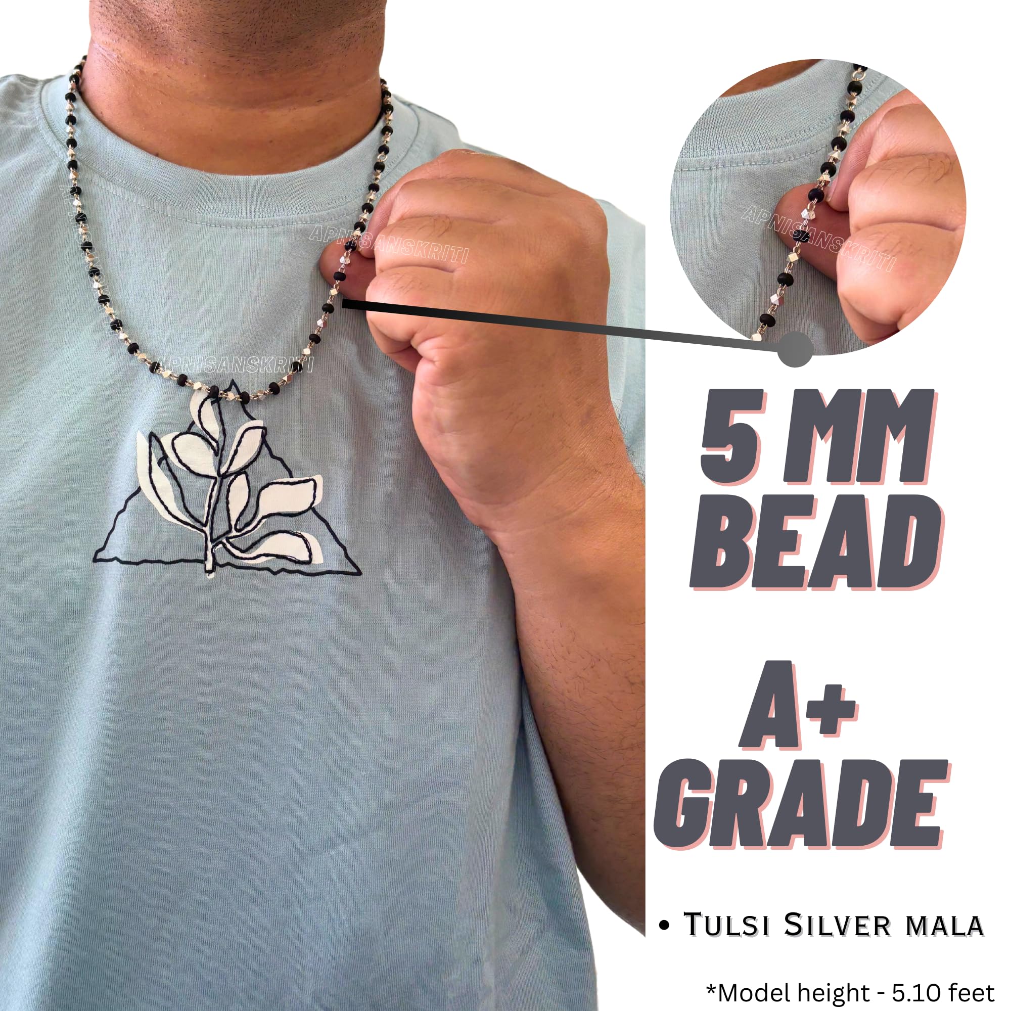 Apnisanskriti Black & White Tulsi Mala in Silver Designer Caps - Special Edition Big Size - Natural White Tulsi Beads - Pure Silver