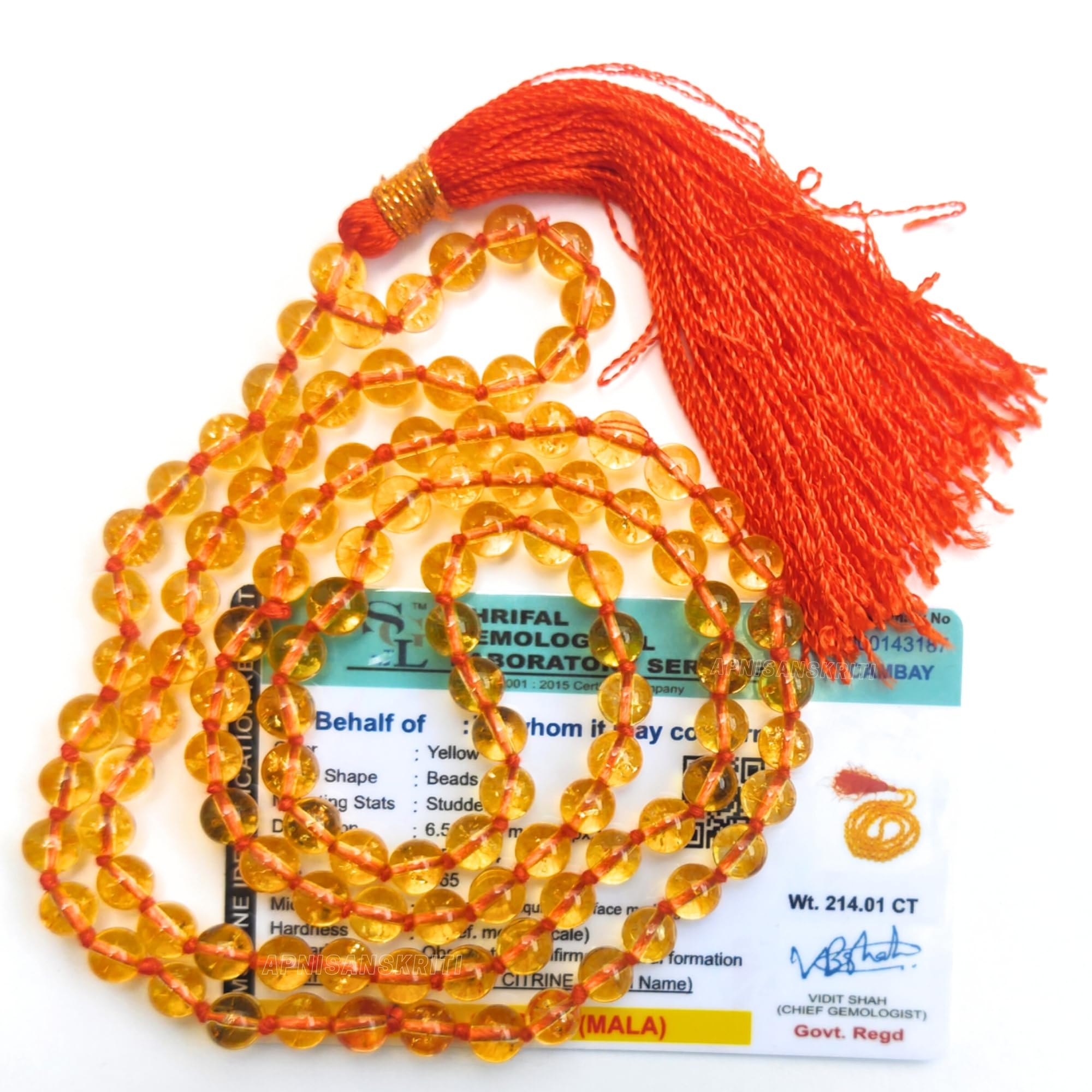 Apnisanskriti Premium Stone Mala for Men and Women (6mm, AAA Quality, Lab Certified, 108+1) - Natural Stone Beads Mala - Pack of 1