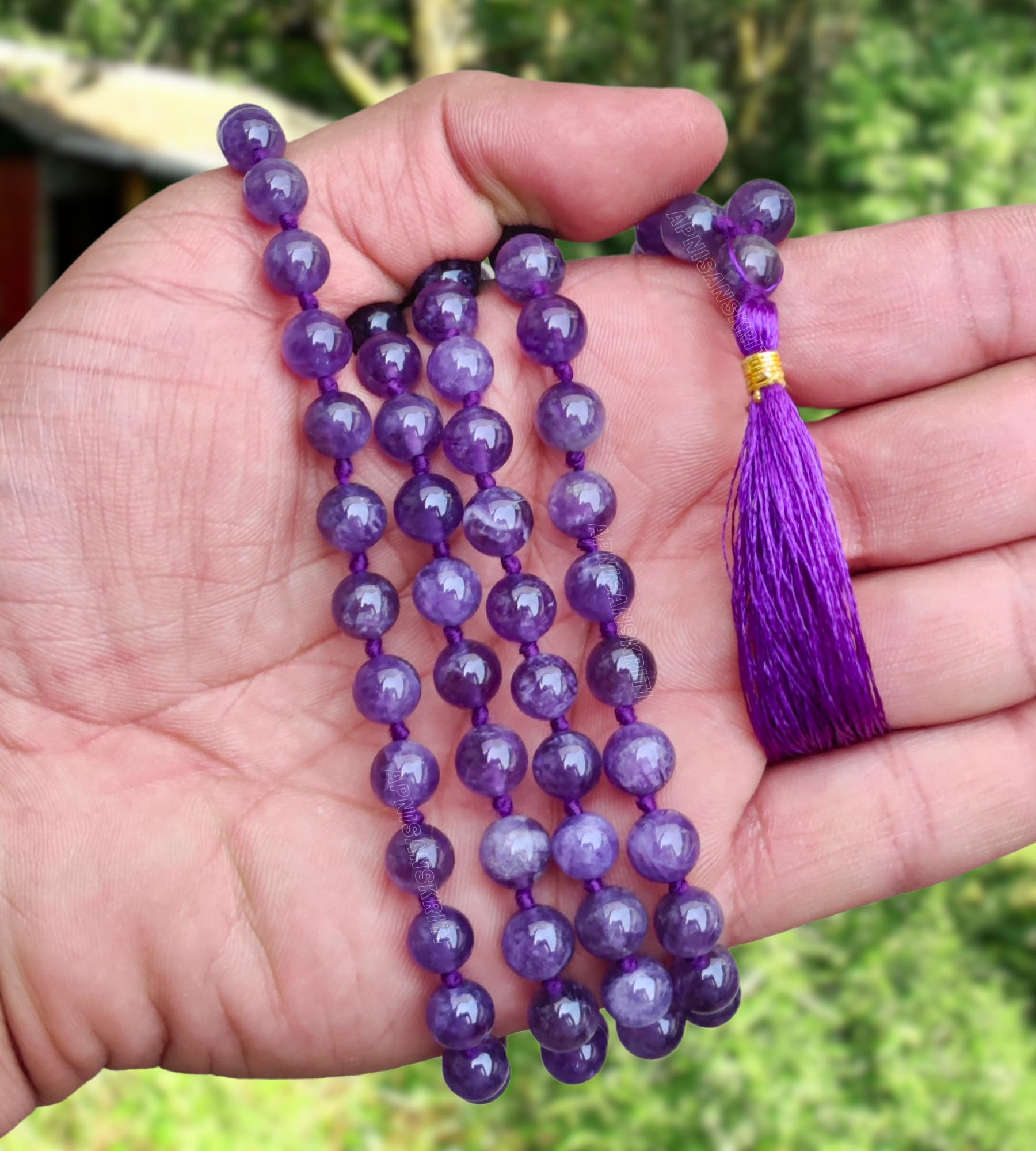 Apnisanskriti Premium 8mm Amethyst Mala - Tranquil Beads for Spiritual Balance and Healing (Pack of 1)
