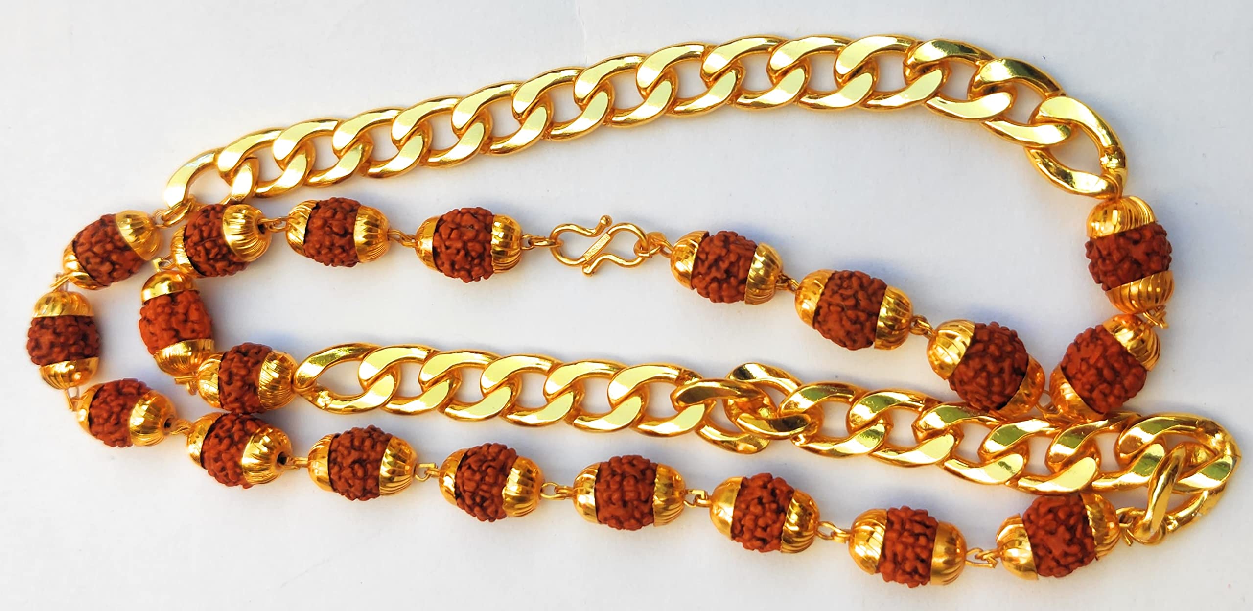 Apnisanskriti Designer Rudraksha Mala with Golden Chain (10 mm, 20 Beads, 24 Inch, Long Length) - Natural Rudraksh Beads - Pack of 1