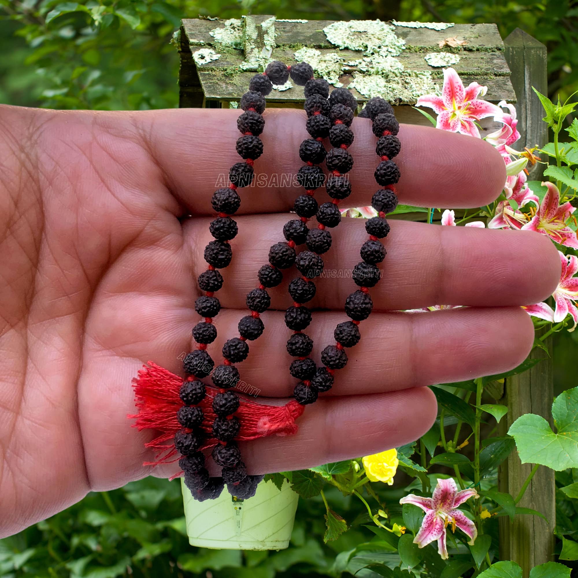 Apnisanskriti 5 Mukhi Black Rudraksha Mala (108+1 Beads, Lab Certified) Natural Black Rudraksha Beads